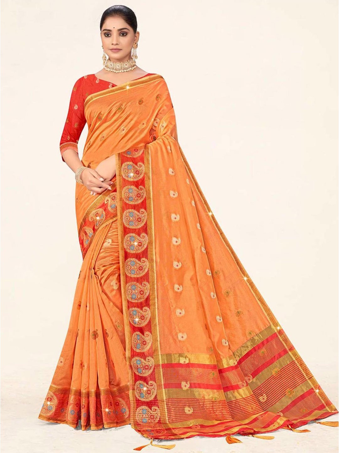 

SANGAM PRINTS Paisley Ethnic Motifs Zari Organza Saree, Orange