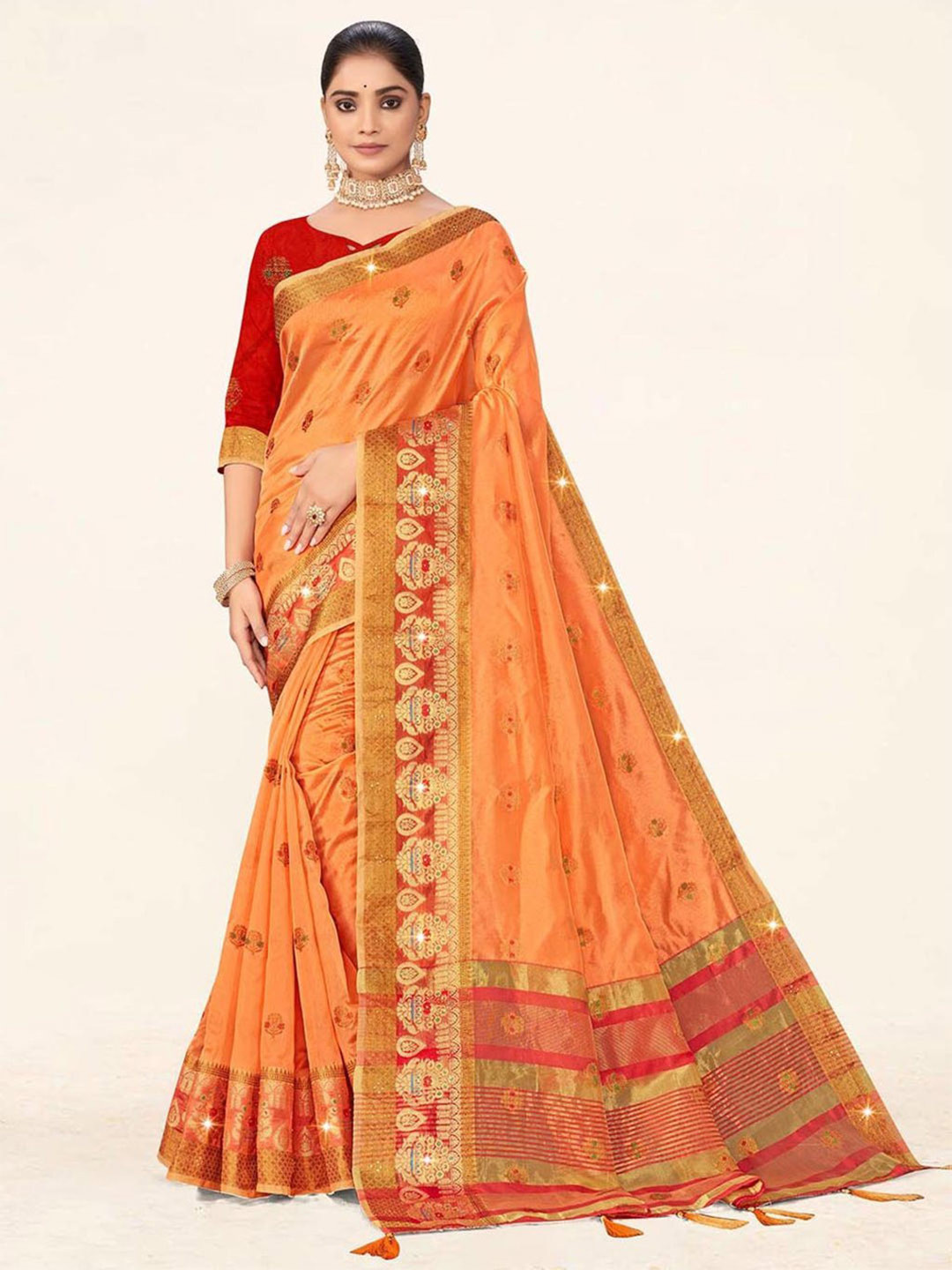 

SANGAM PRINTS Ethnic Woven Design Zari Organza Saree, Orange