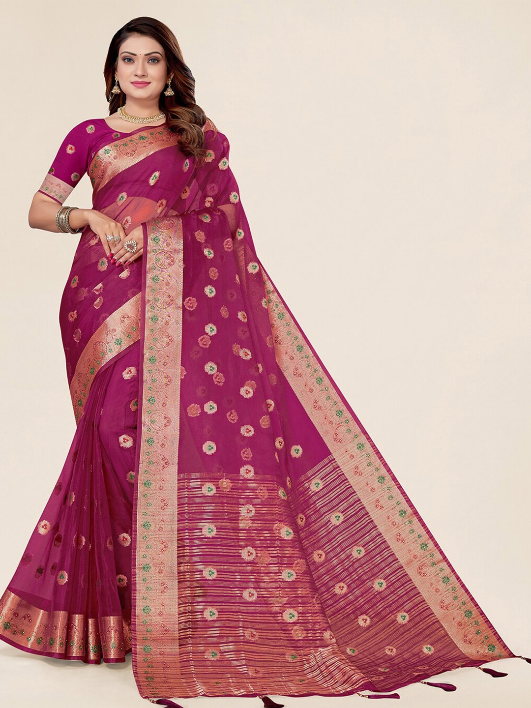 

SANGAM PRINTS Ethnic Woven Design Zari Organza Saree, Purple