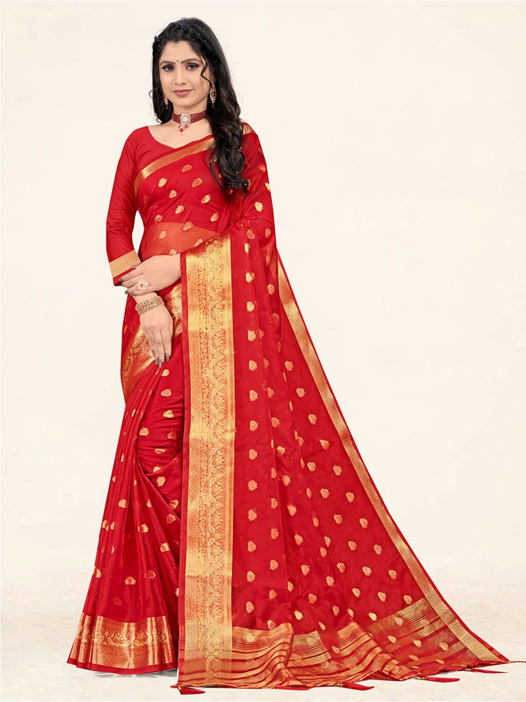 

SANGAM PRINTS Ethnic Woven Design Zari Organza Saree, Red