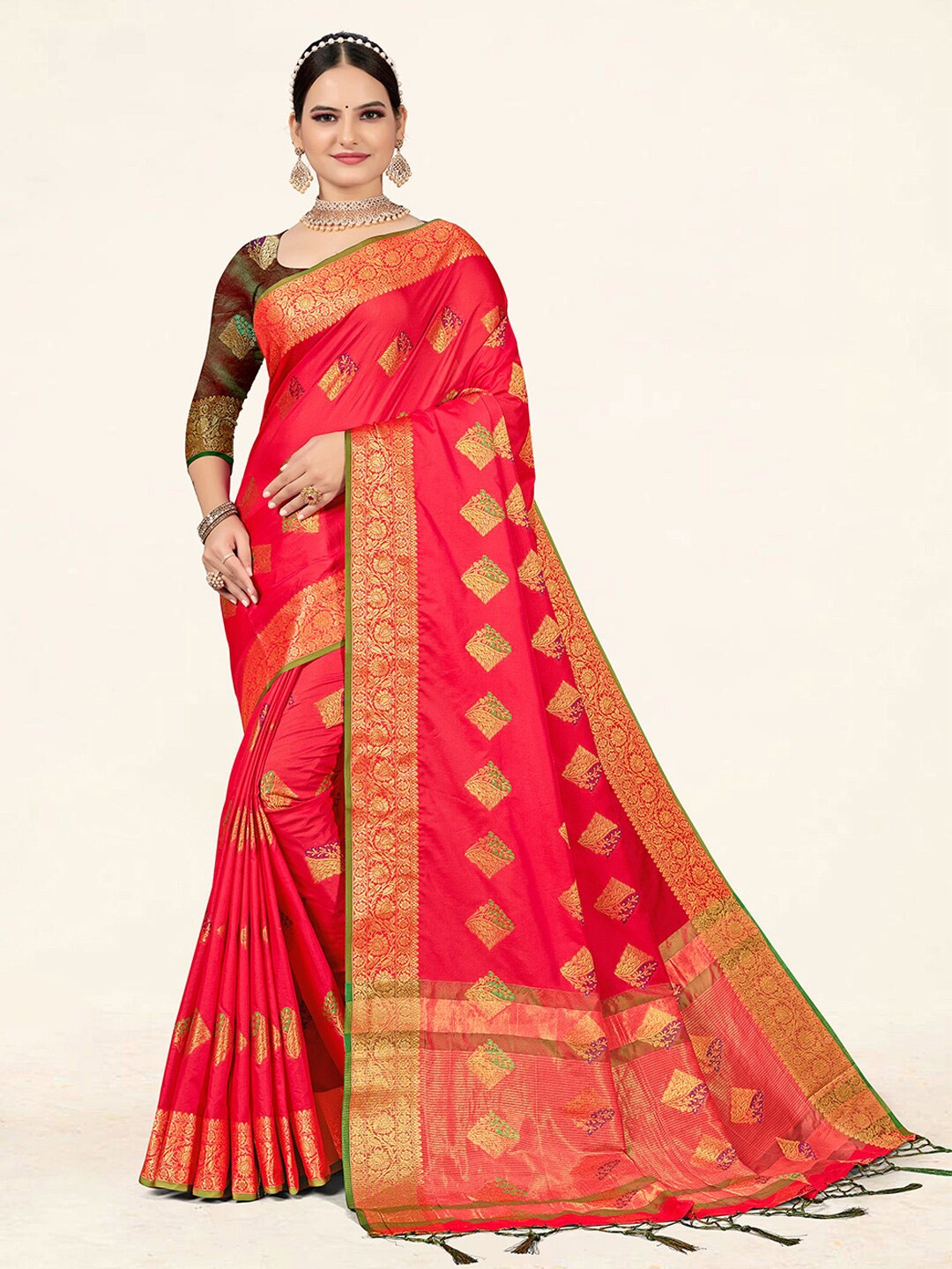 

SANGAM PRINTS Ethnic Woven Design Zari Saree, Pink