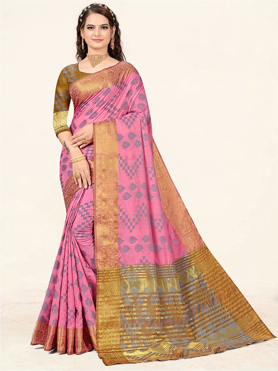 

SANGAM PRINTS Ethnic Woven Design Zari Saree, Pink