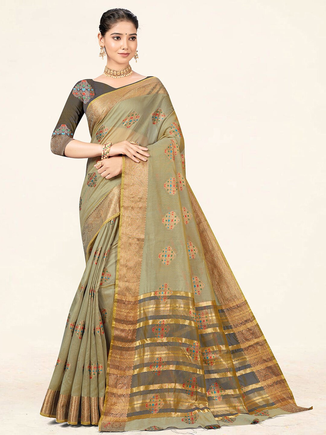

SANGAM PRINTS Ethnic Woven Design Zari Saree, Grey