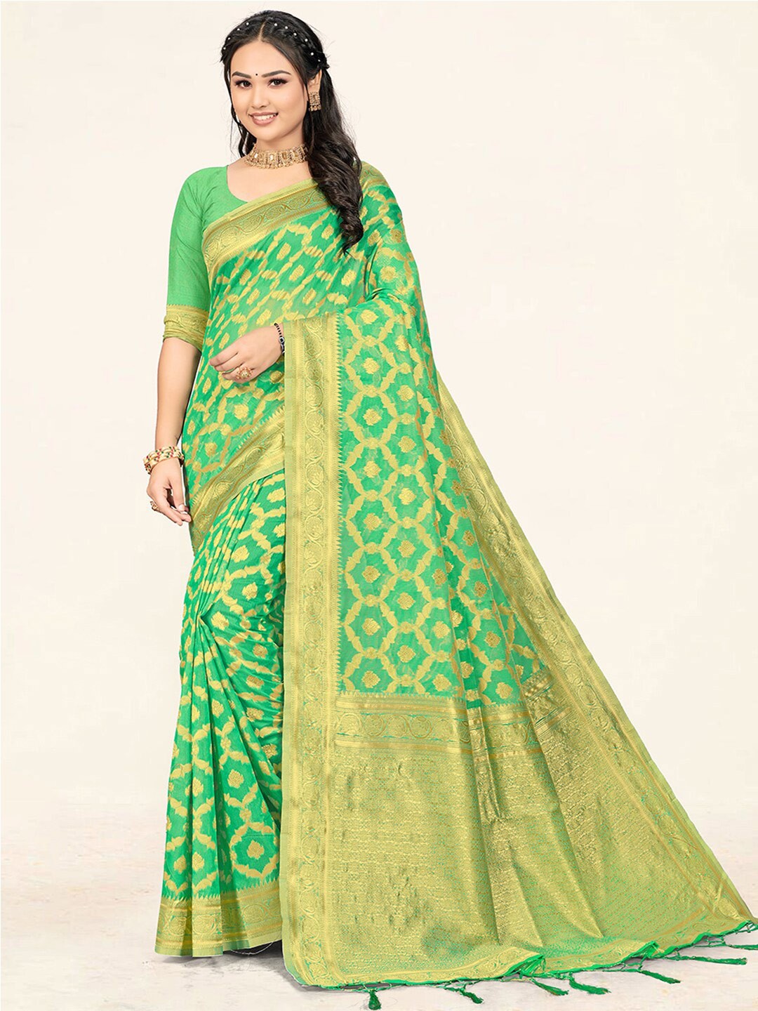 

SANGAM PRINTS Ethnic Woven Design Zari Saree, Sea green