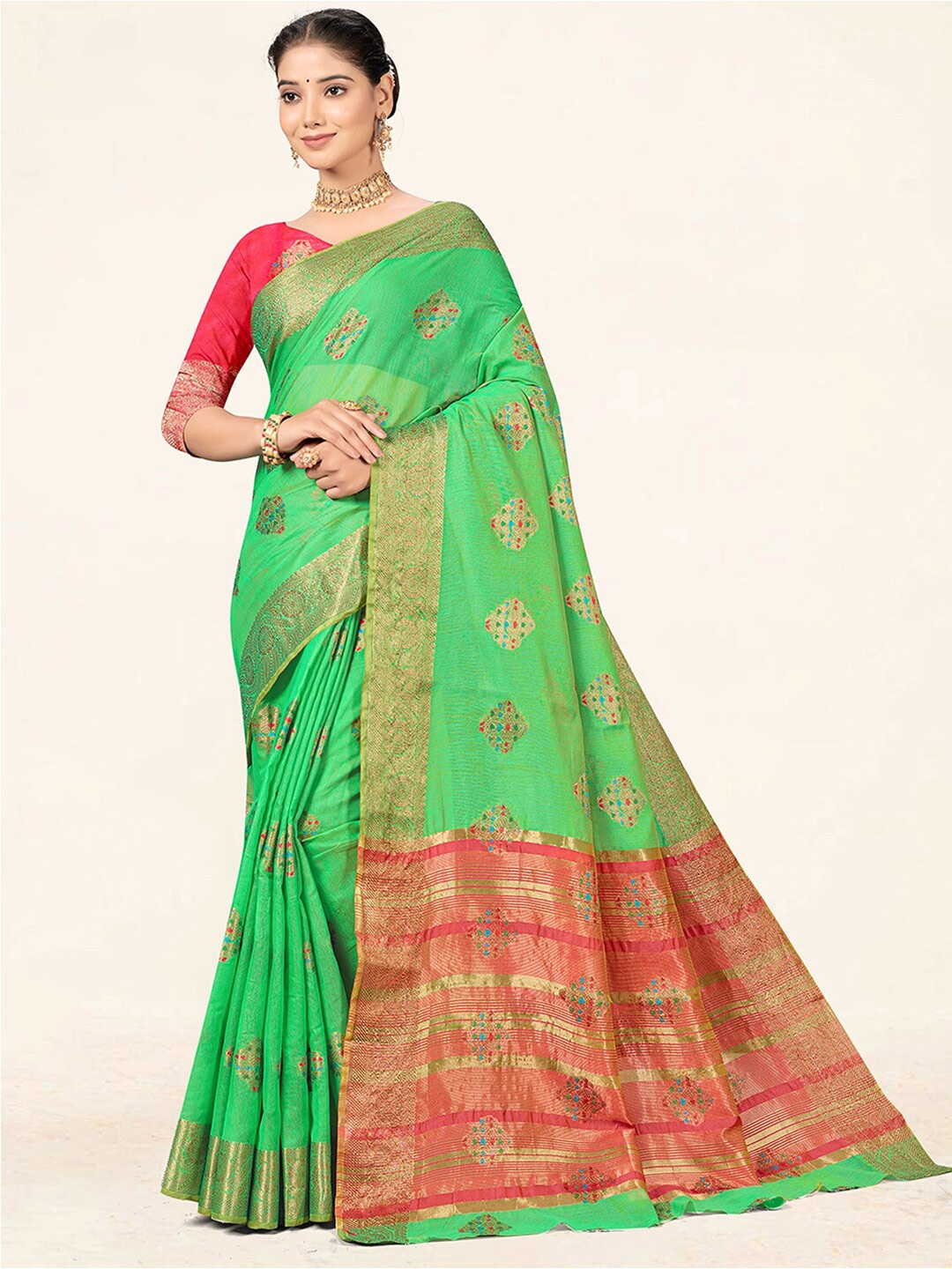 

SANGAM PRINTS Ethnic Woven Design Zari Saree, Sea green