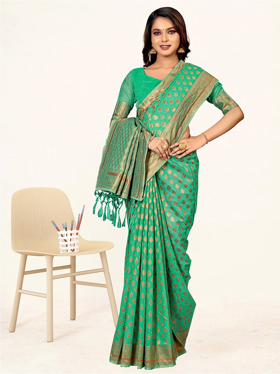 

SANGAM PRINTS Ethnic Woven Design Zari Saree, Sea green