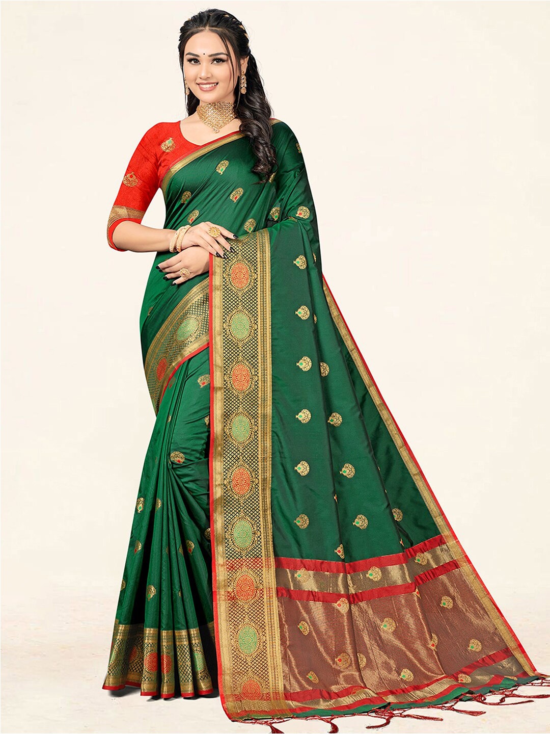 

SANGAM PRINTS Ethnic Motifs Woven Design Zari Saree, Green