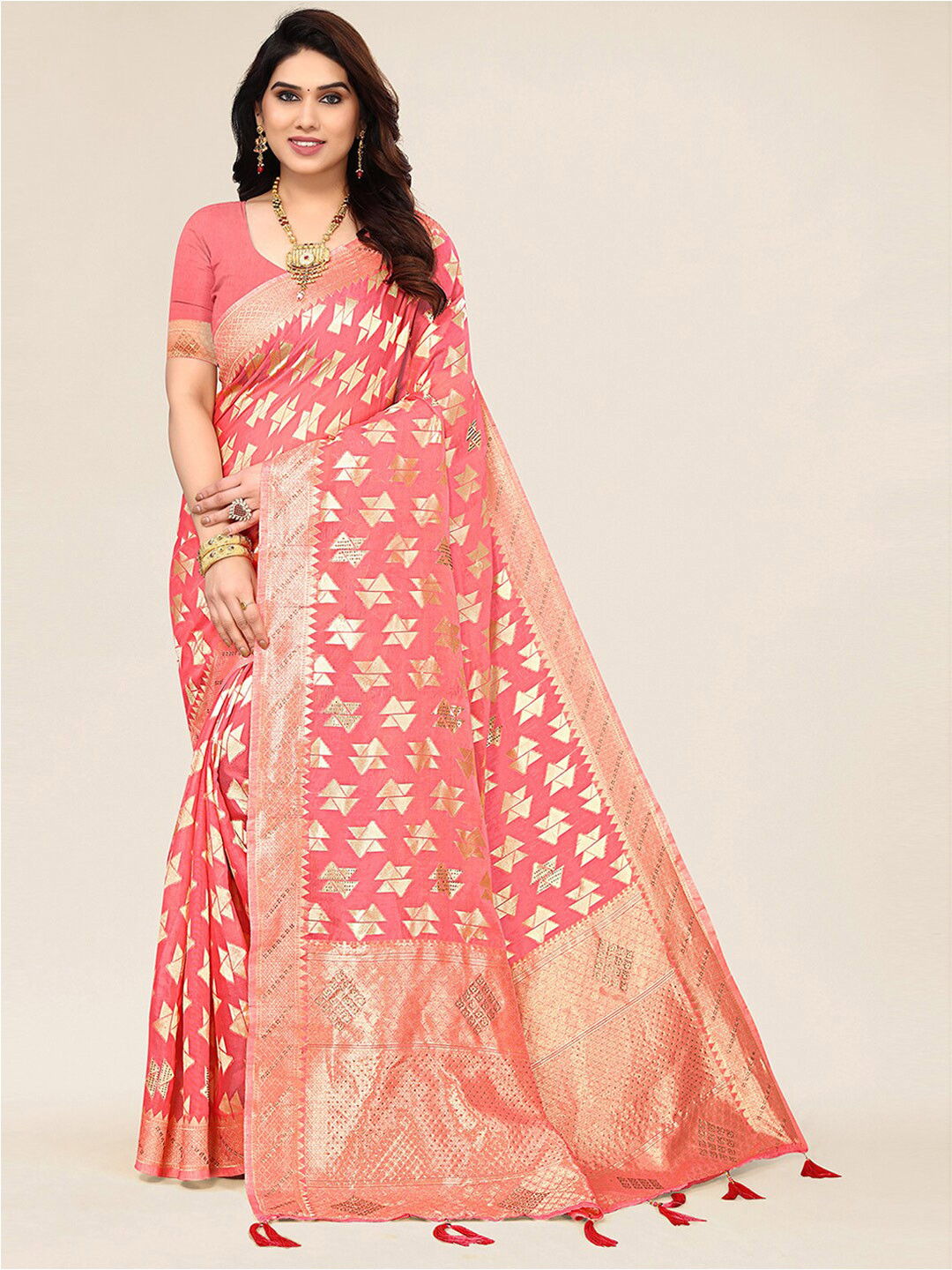 

SANGAM PRINTS Geometric Woven Design Zari Saree, Pink