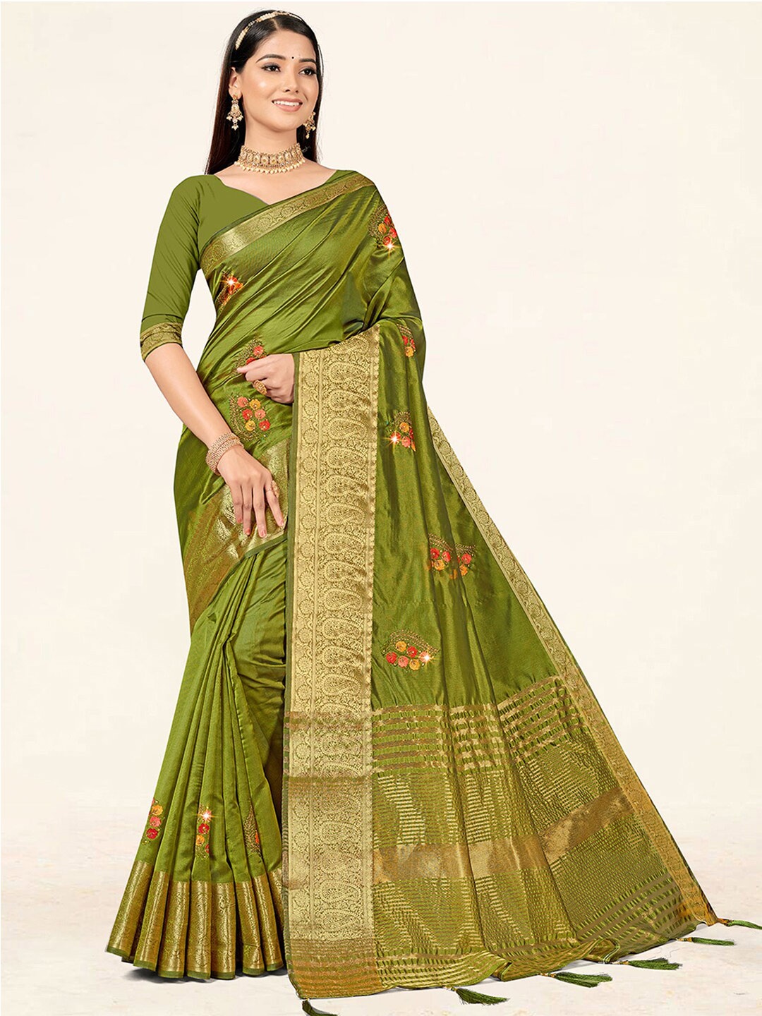 

SANGAM PRINTS Ethnic Motifs Woven Design Zari Organza Saree, Green