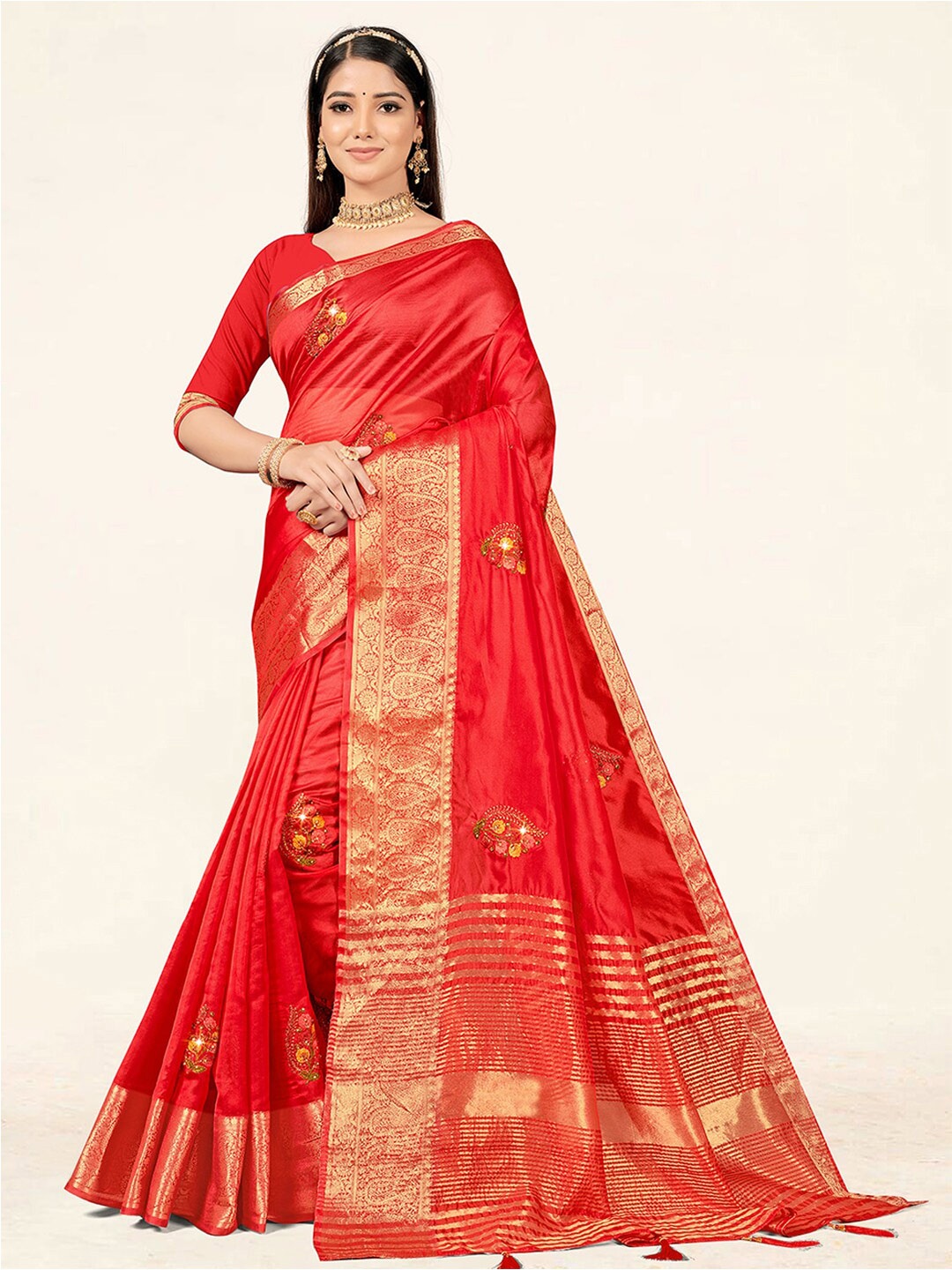 

SANGAM PRINTS Ethnic Motifs Woven Design Zari Organza Saree, Red