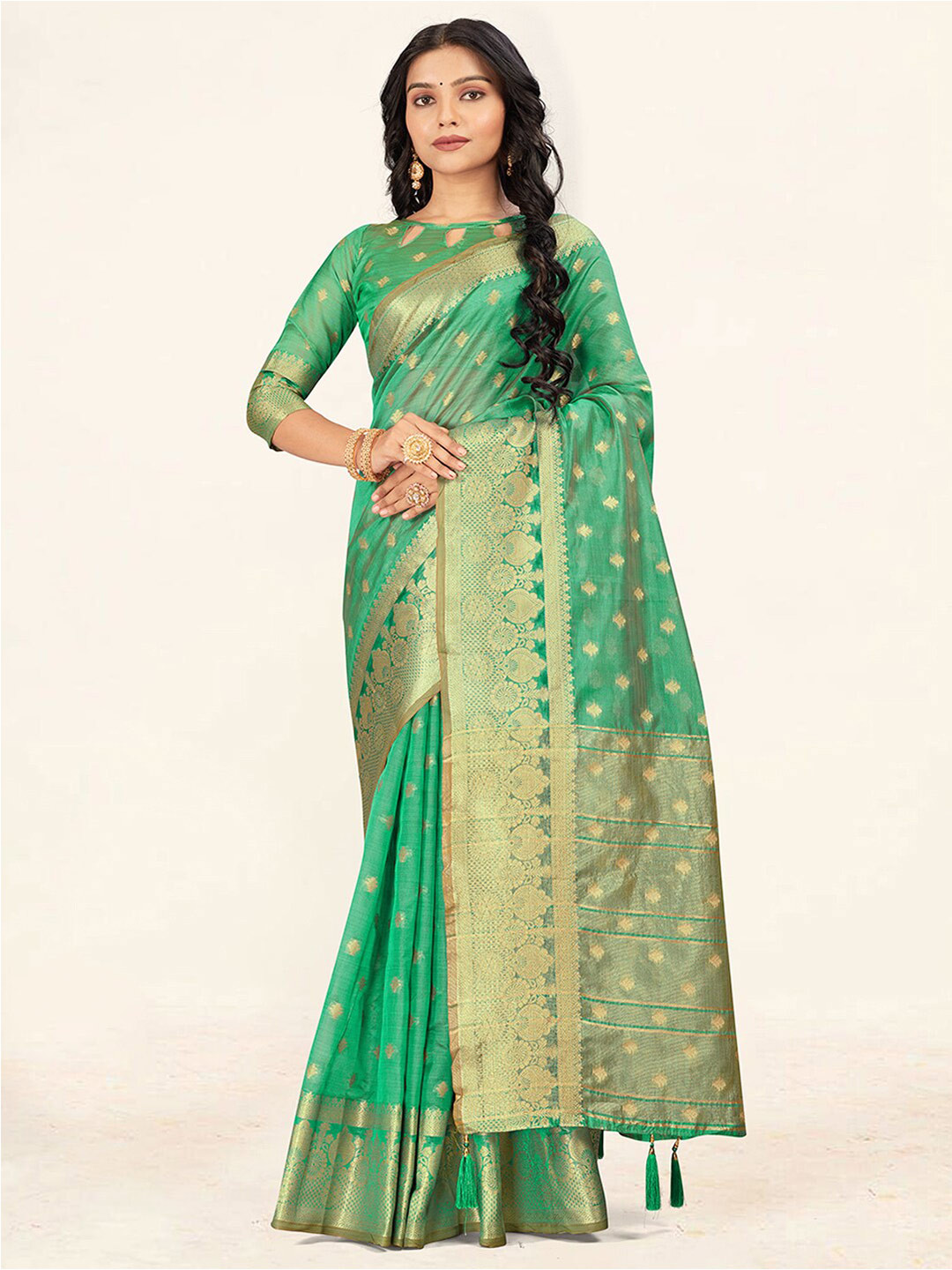 

SANGAM PRINTS Ethnic Motifs Woven Design Zari Organza Saree, Sea green
