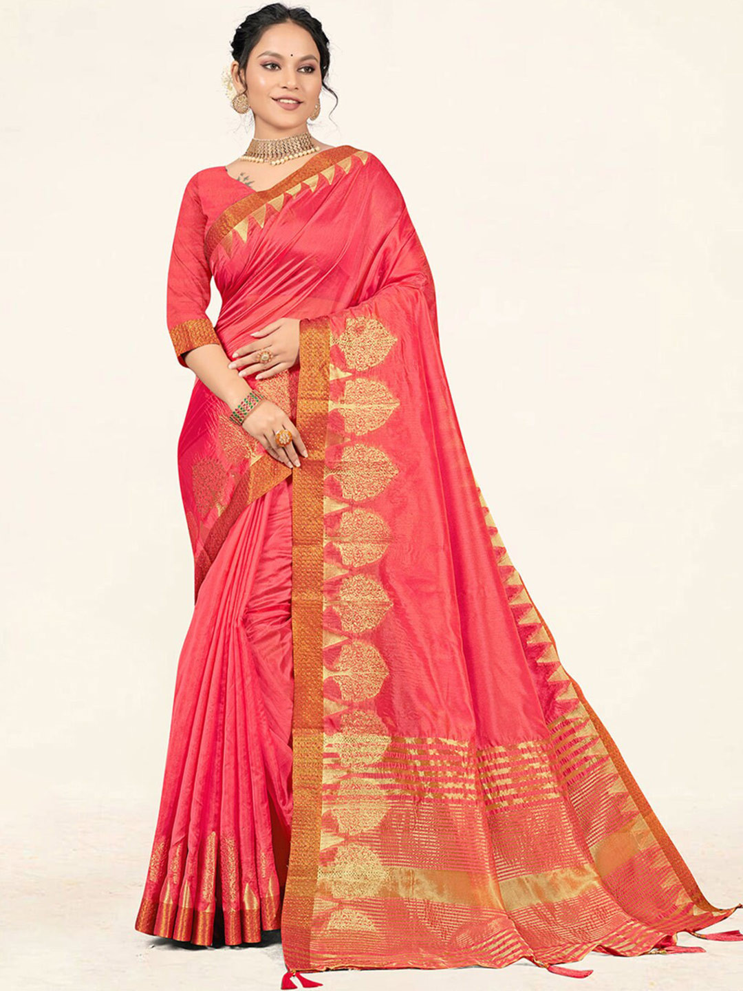 

SANGAM PRINTS Ethnic Motifs Woven Design Zari Organza Saree, Pink