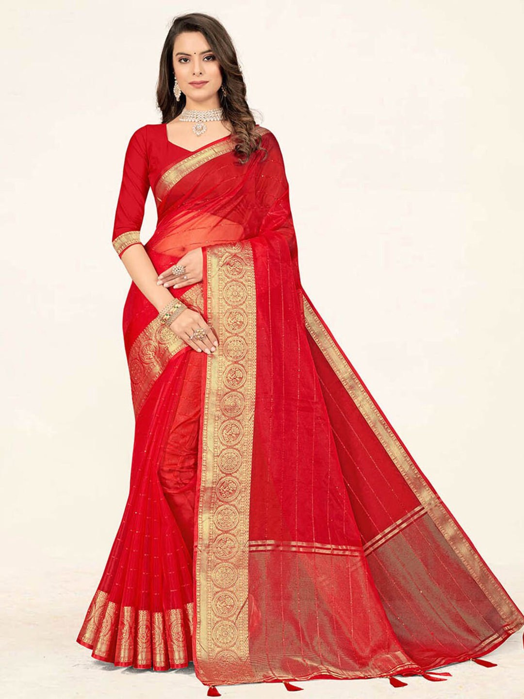 

SANGAM PRINTS Tasseles Striped Zari Organza Saree, Red