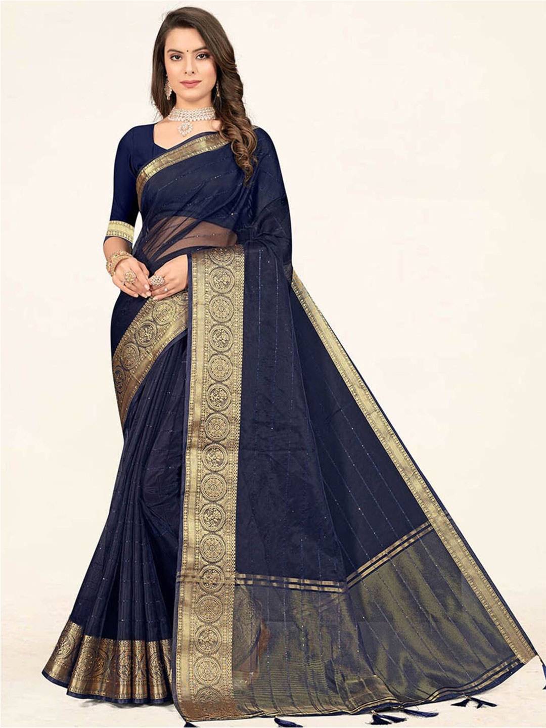 

SANGAM PRINTS Tasseles Striped Zari Organza Saree, Navy blue