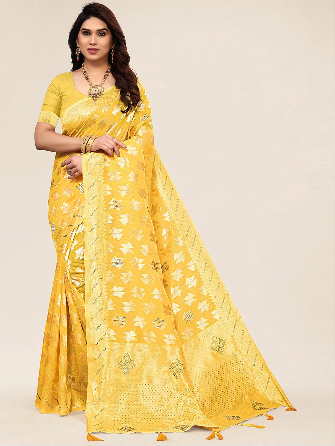 

SANGAM PRINTS Tasseled Ethnic Motifs Woven Design Zari Saree, Yellow