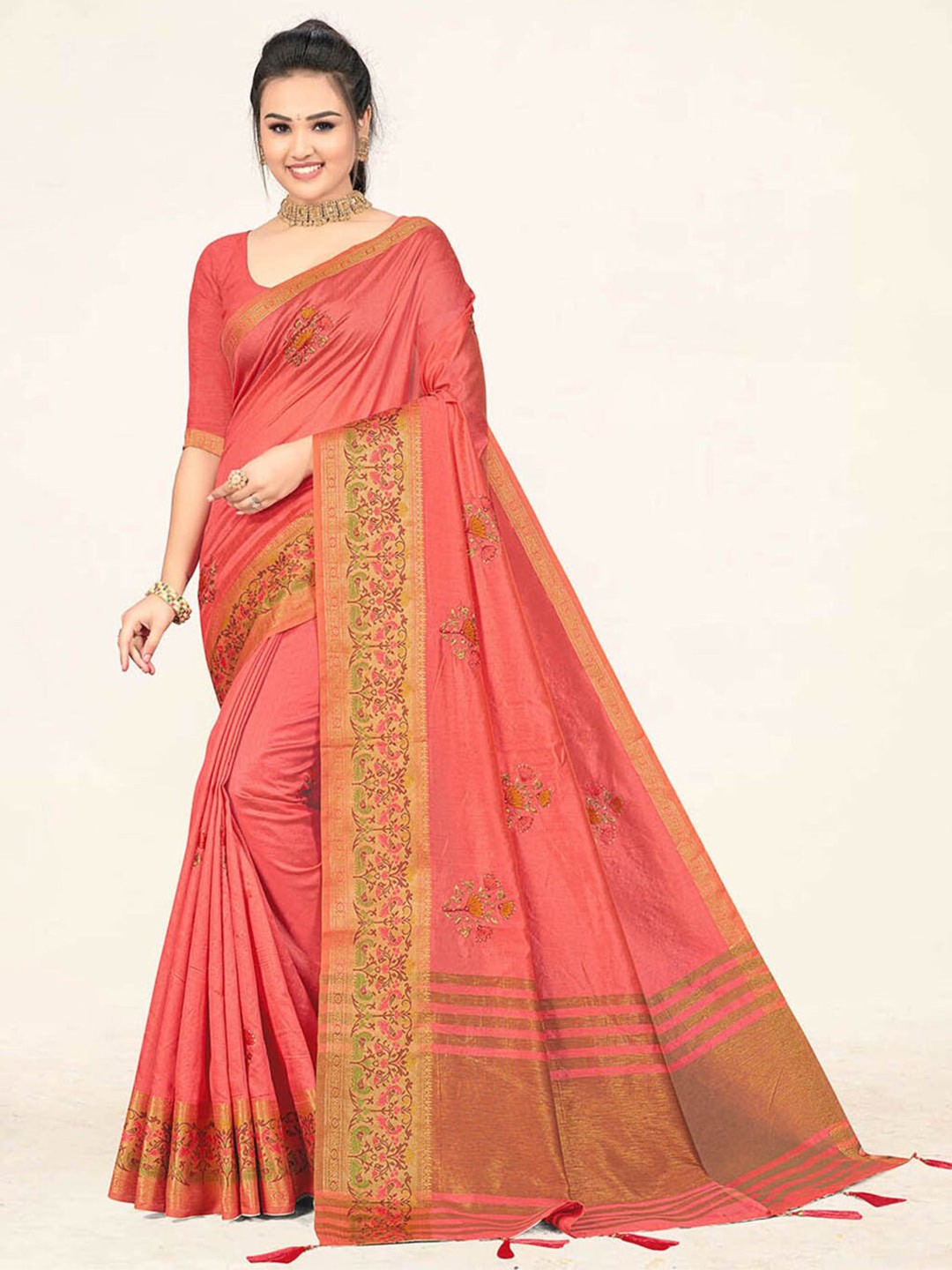 

SANGAM PRINTS Ethnic Motifs Woven Design Zari Saree, Pink