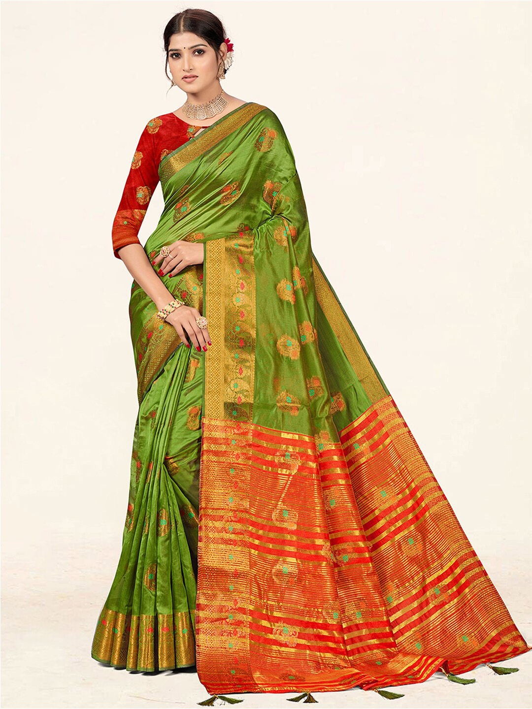 

SANGAM PRINTS Ethnic Motifs Woven Design Zari Organza Saree, Green