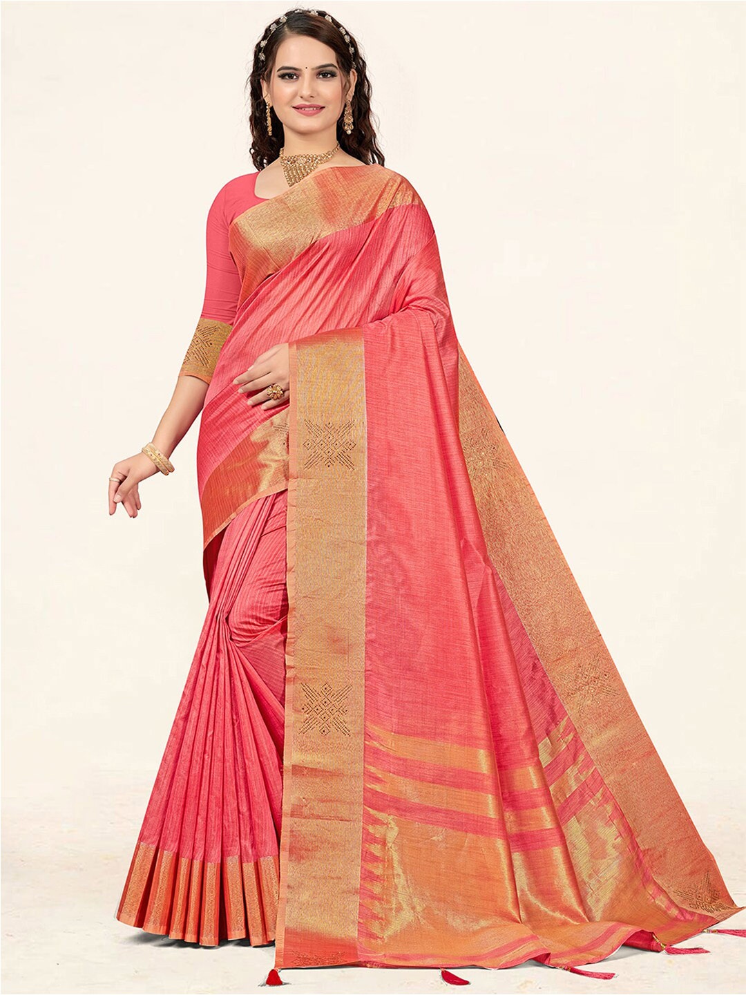 

SANGAM PRINTS Tassled Zari Silk Blend Saree, Pink