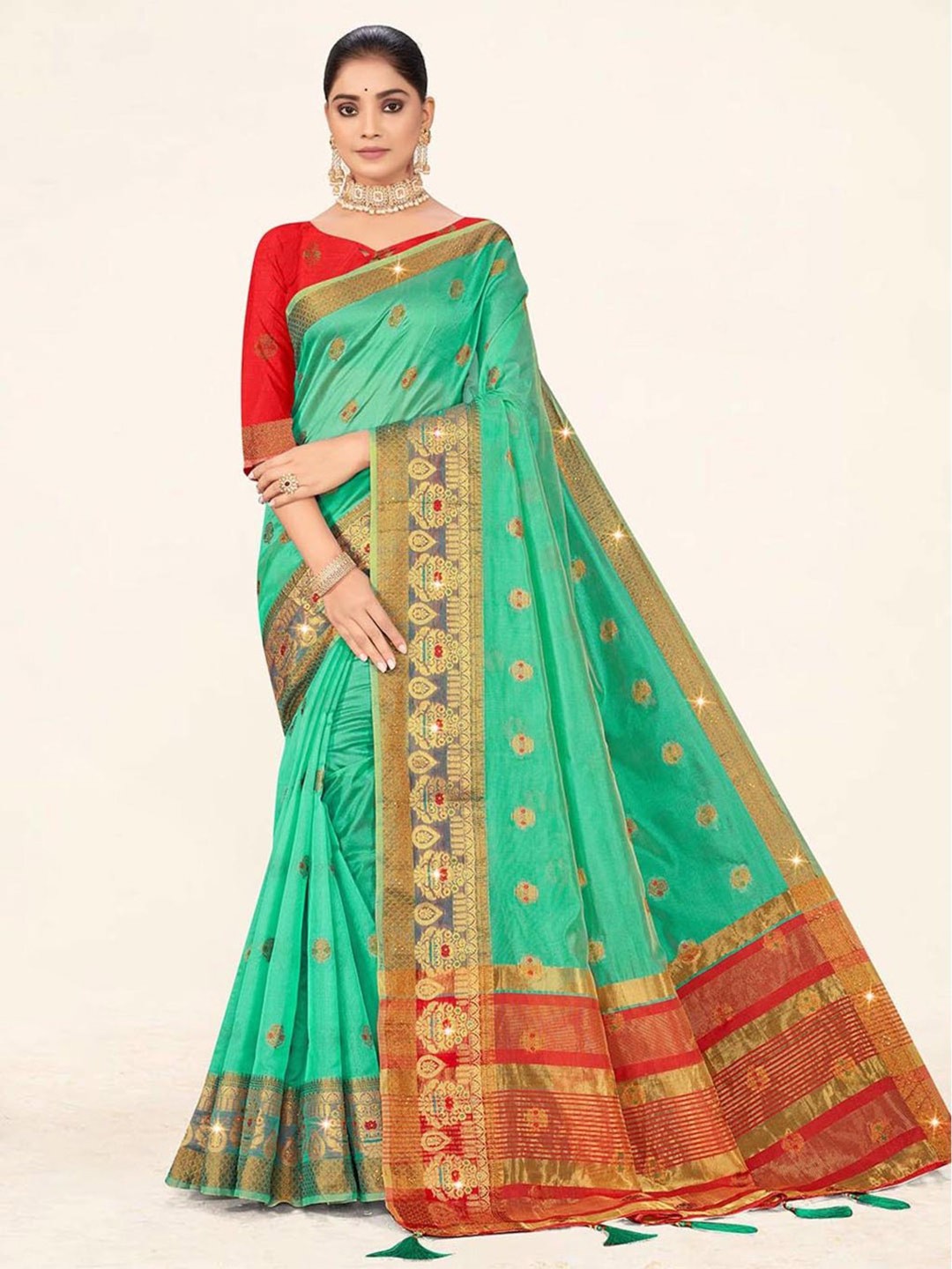 

SANGAM PRINTS Ethnic Motifs Woven Design Zari Organza Saree, Sea green