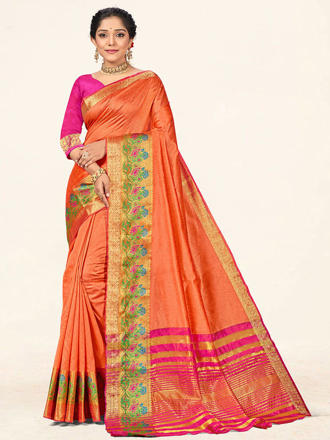 

SANGAM PRINTS Woven Design Border Zari Silk Blend Saree, Orange