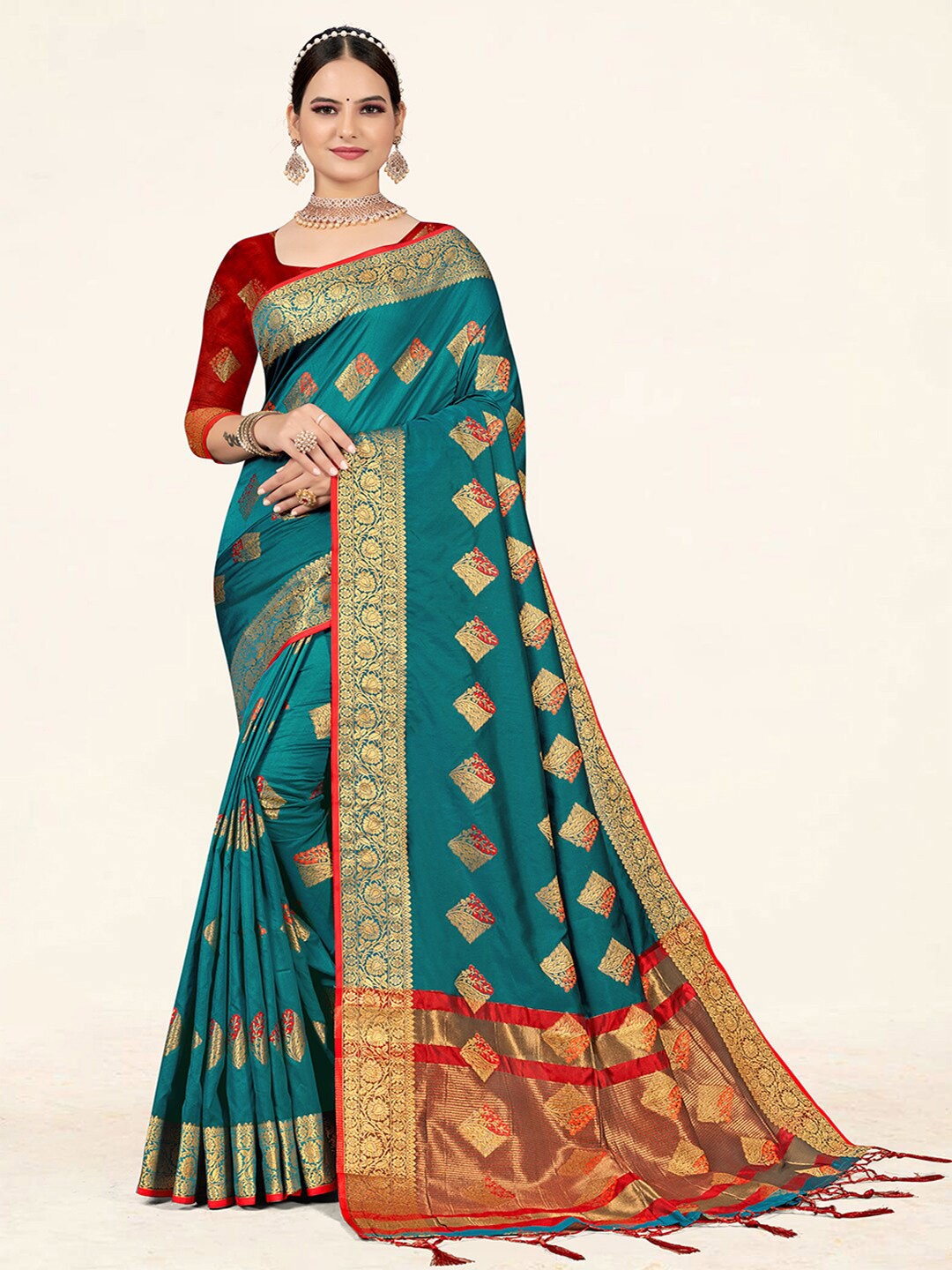 

SANGAM PRINTS Ethnic Motifs Woven Design Zari Saree, Green