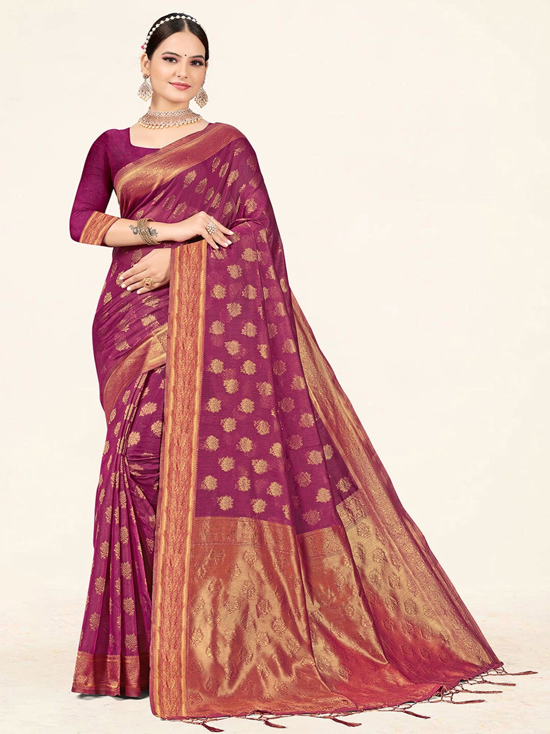 

SANGAM PRINTS Ethnic Motifs Woven Design Zari Saree, Pink