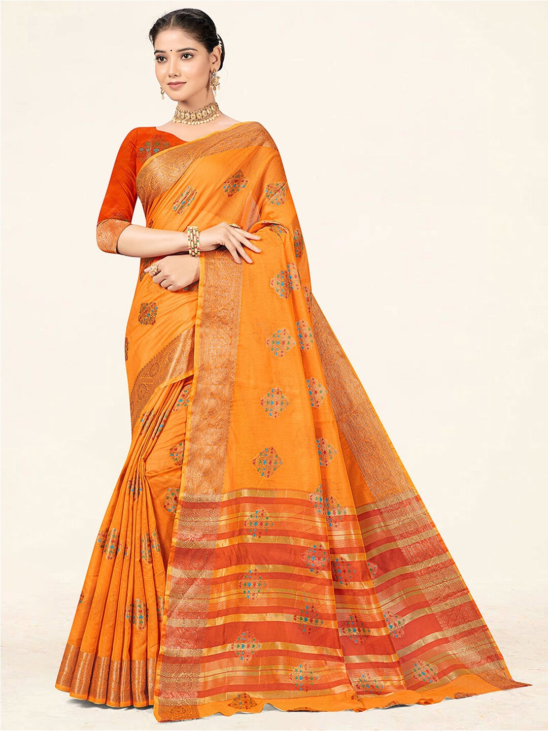 

SANGAM PRINTS Ethnic Motifs Woven Design Zari Saree, Yellow