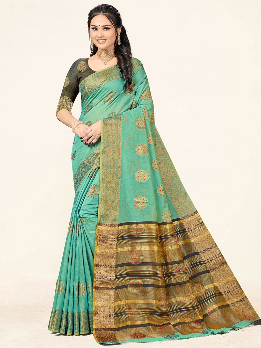 

SANGAM PRINTS Ethnic Motifs Woven Design Zari Saree, Sea green
