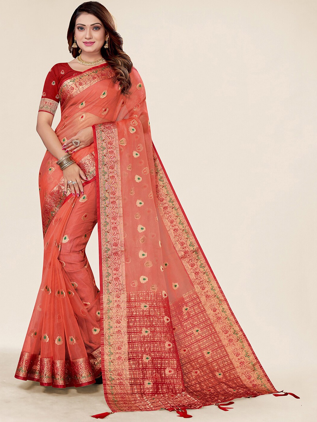

SANGAM PRINTS Ethnic Motif Woven Design Zari Organza Saree, Pink