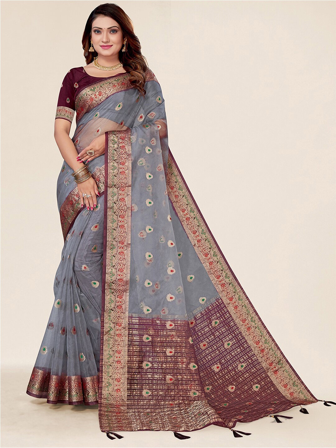 

SANGAM PRINTS Woven Design Zari Organza Saree, Grey