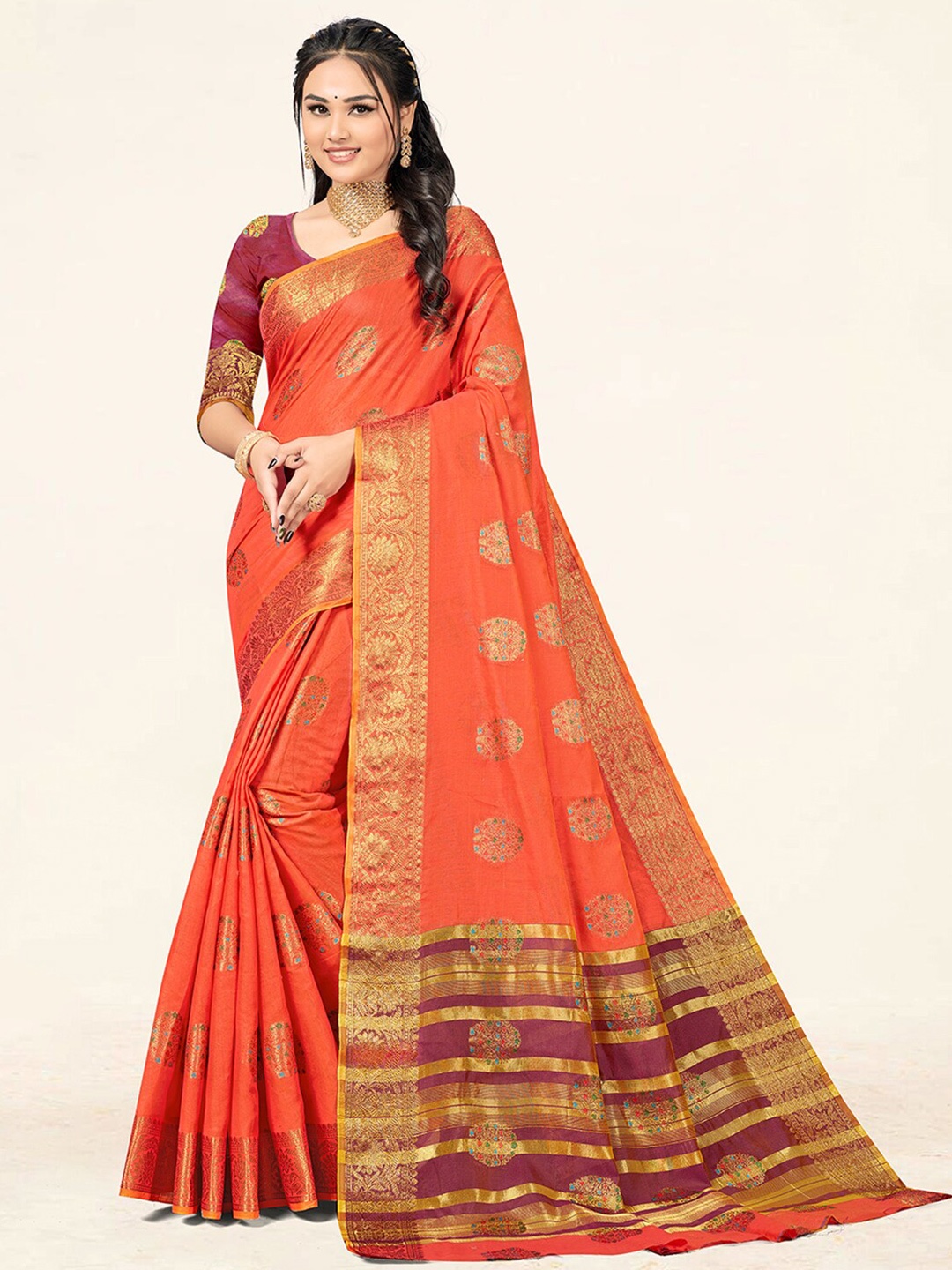 

SANGAM PRINTS Ethnic Motifs Woven Design Zari Saree, Orange