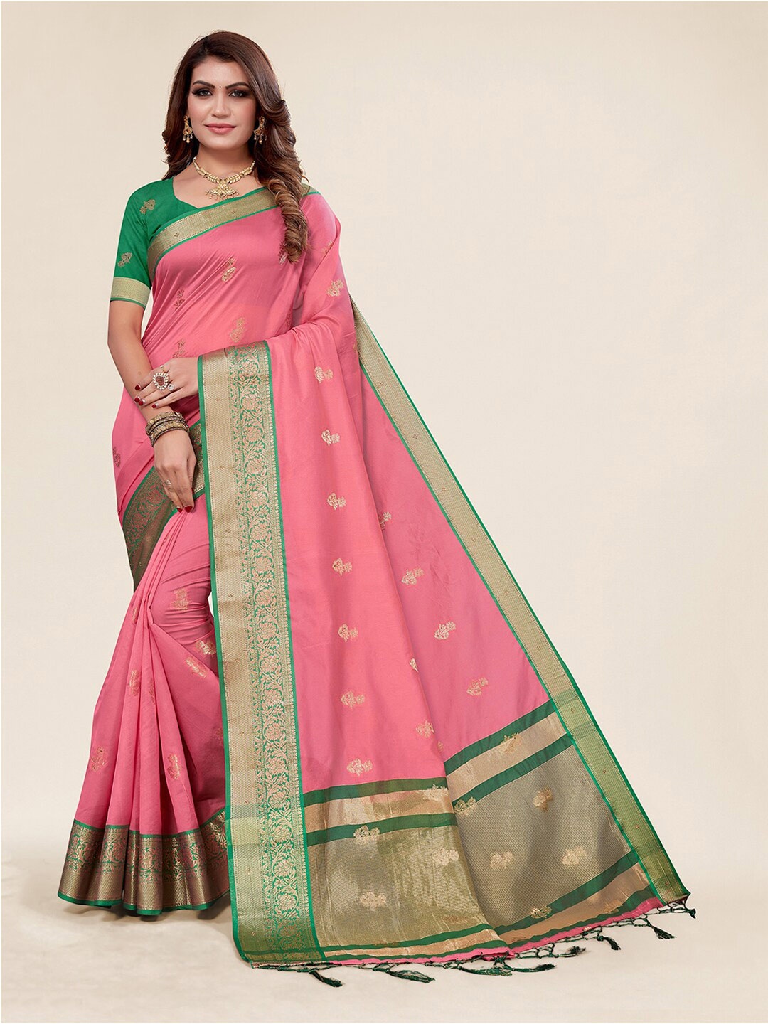 

SANGAM PRINTS Ethnic Woven Design Zari Organza Saree, Pink