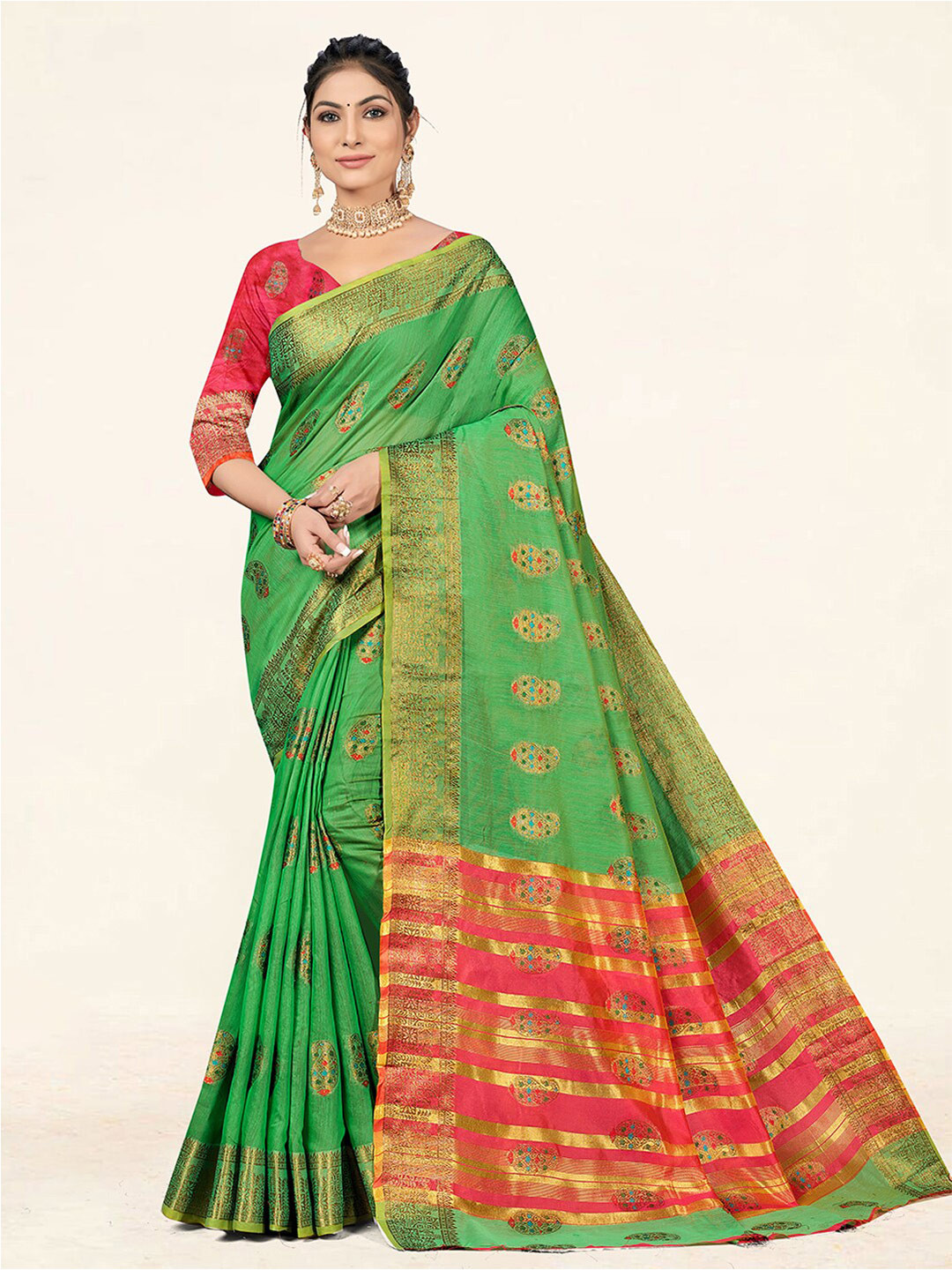 

SANGAM PRINTS Paisley Woven Design Zari Saree, Sea green
