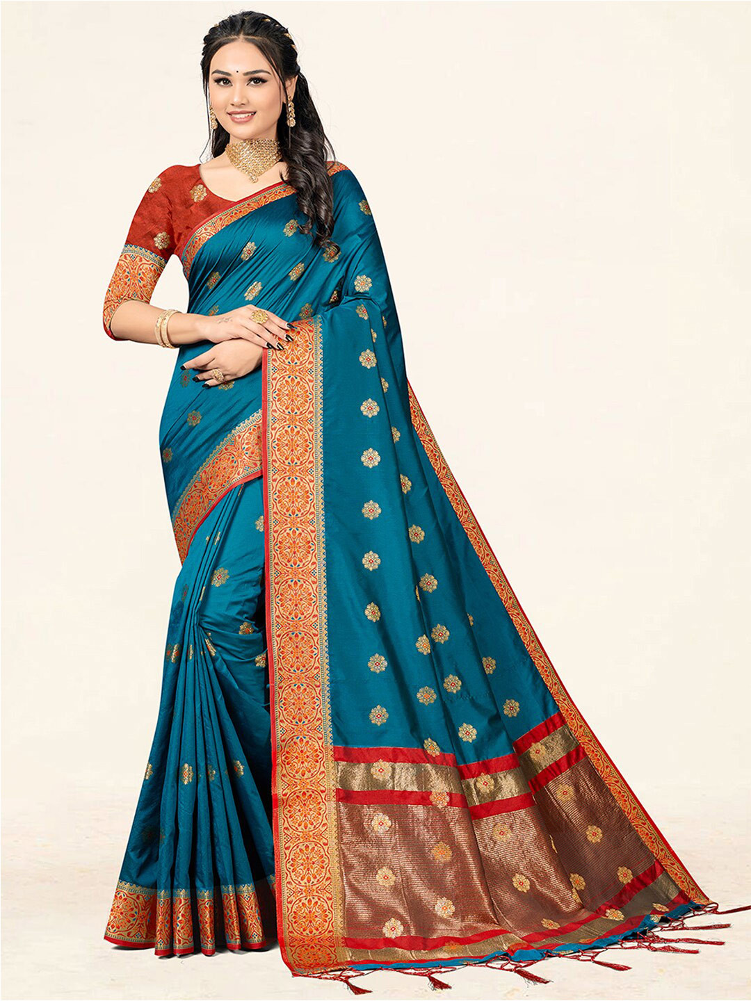 

SANGAM PRINTS Woven Design Zari Saree, Sea green