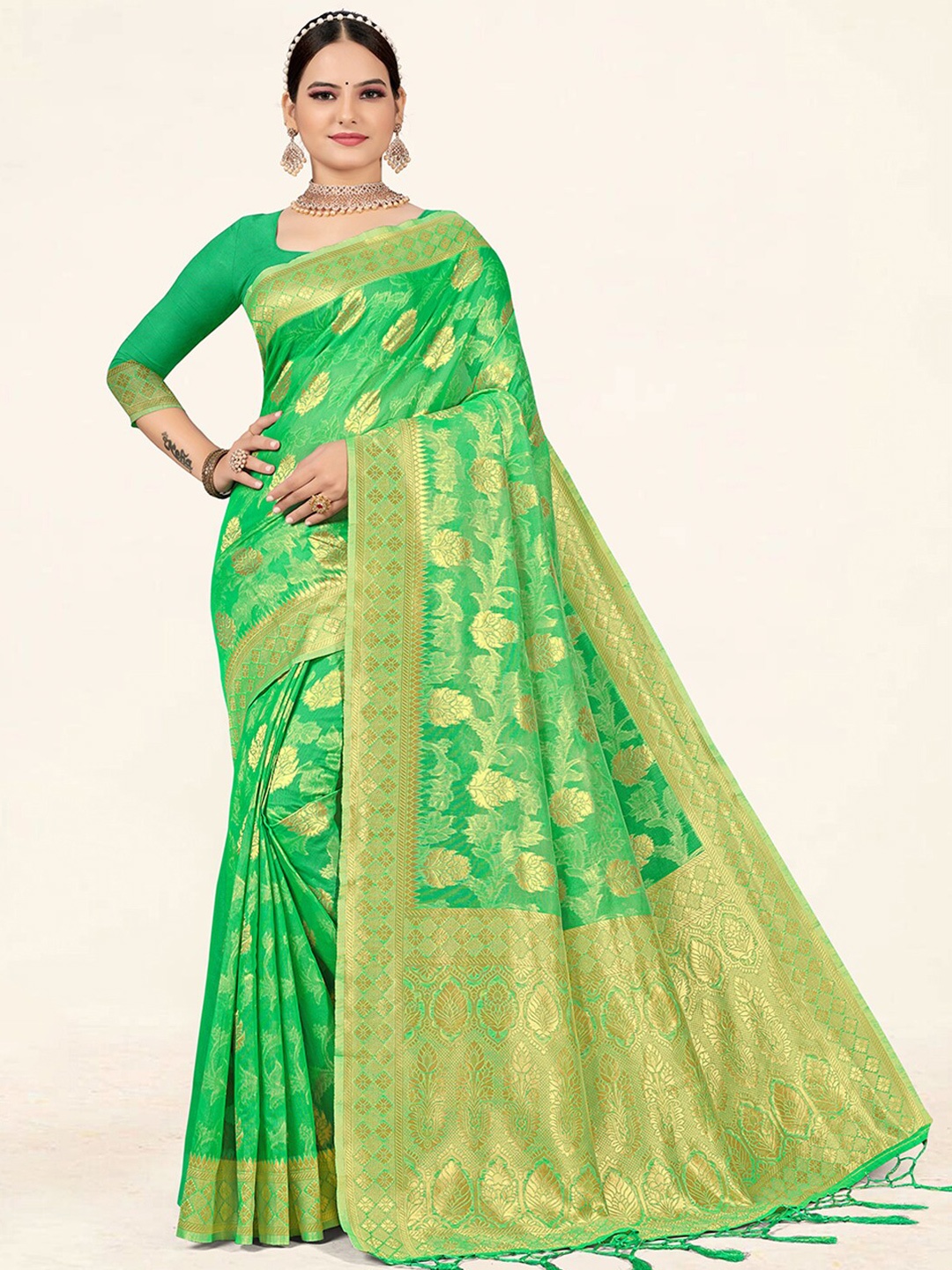 

SANGAM PRINTS Ethnic Woven Design Zari Saree, Sea green