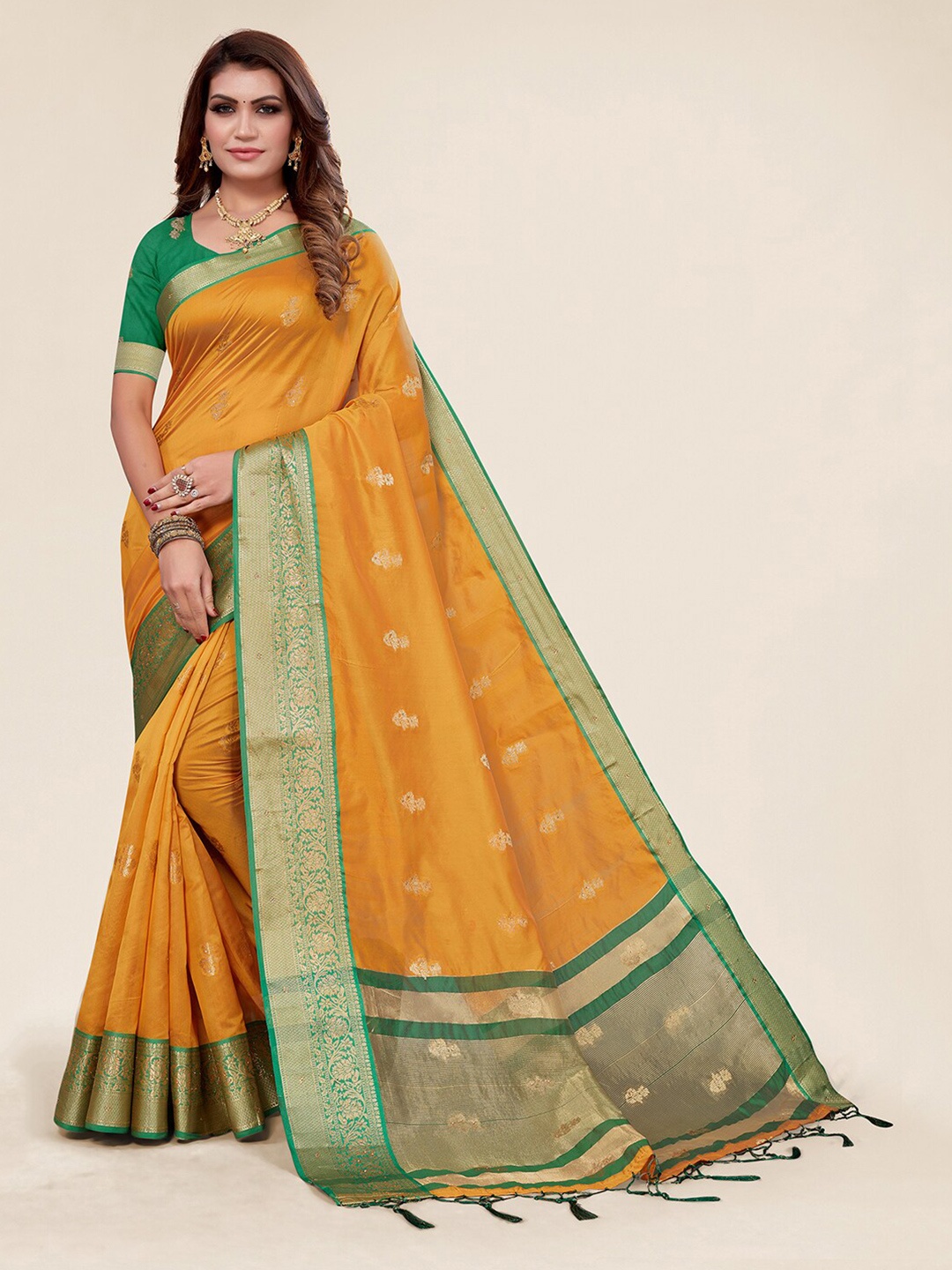 

SANGAM PRINTS Floral Woven Design Zari Organza Saree, Yellow