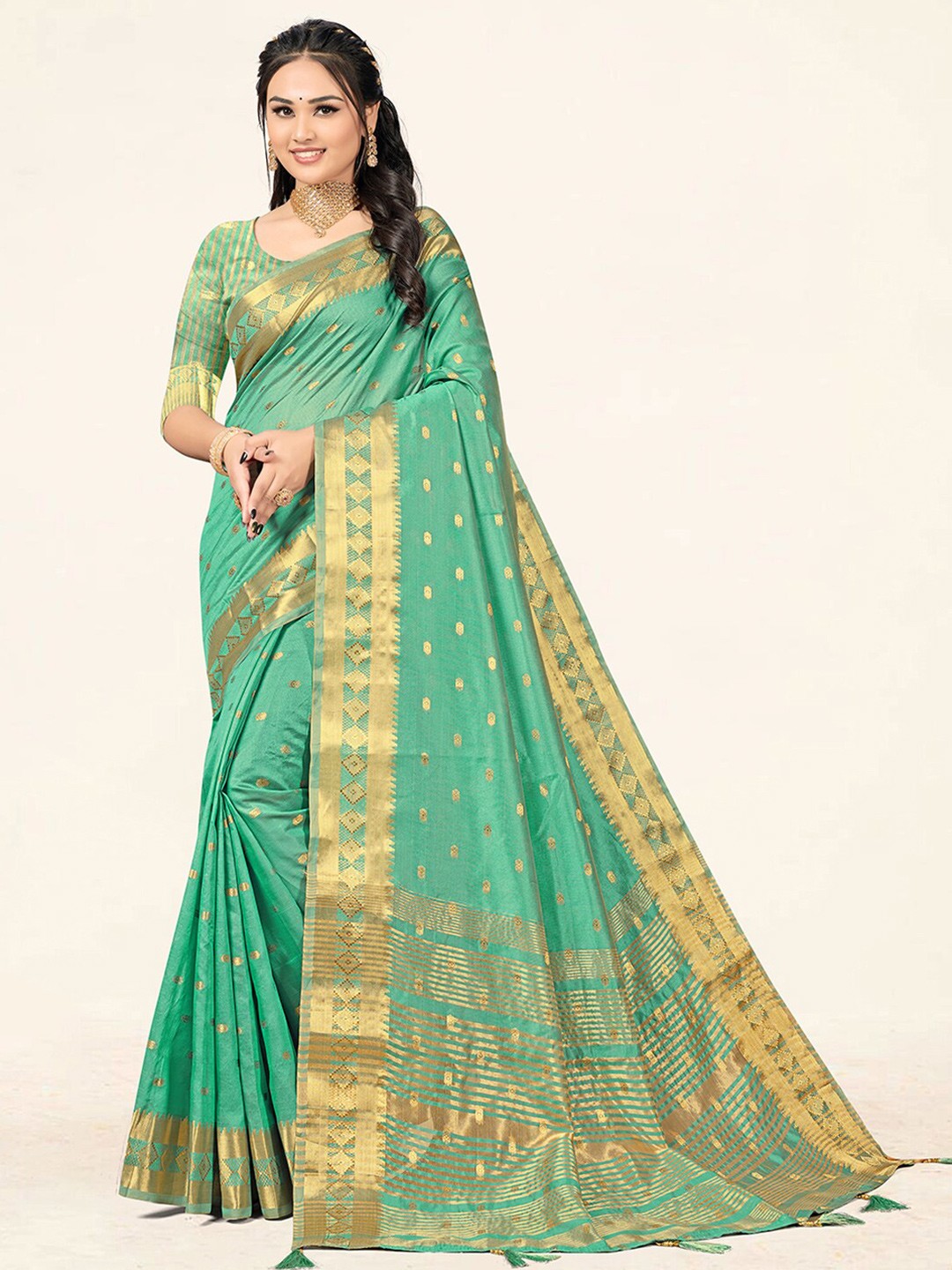 

SANGAM PRINTS Ethnic Woven Design Zari Saree, Sea green