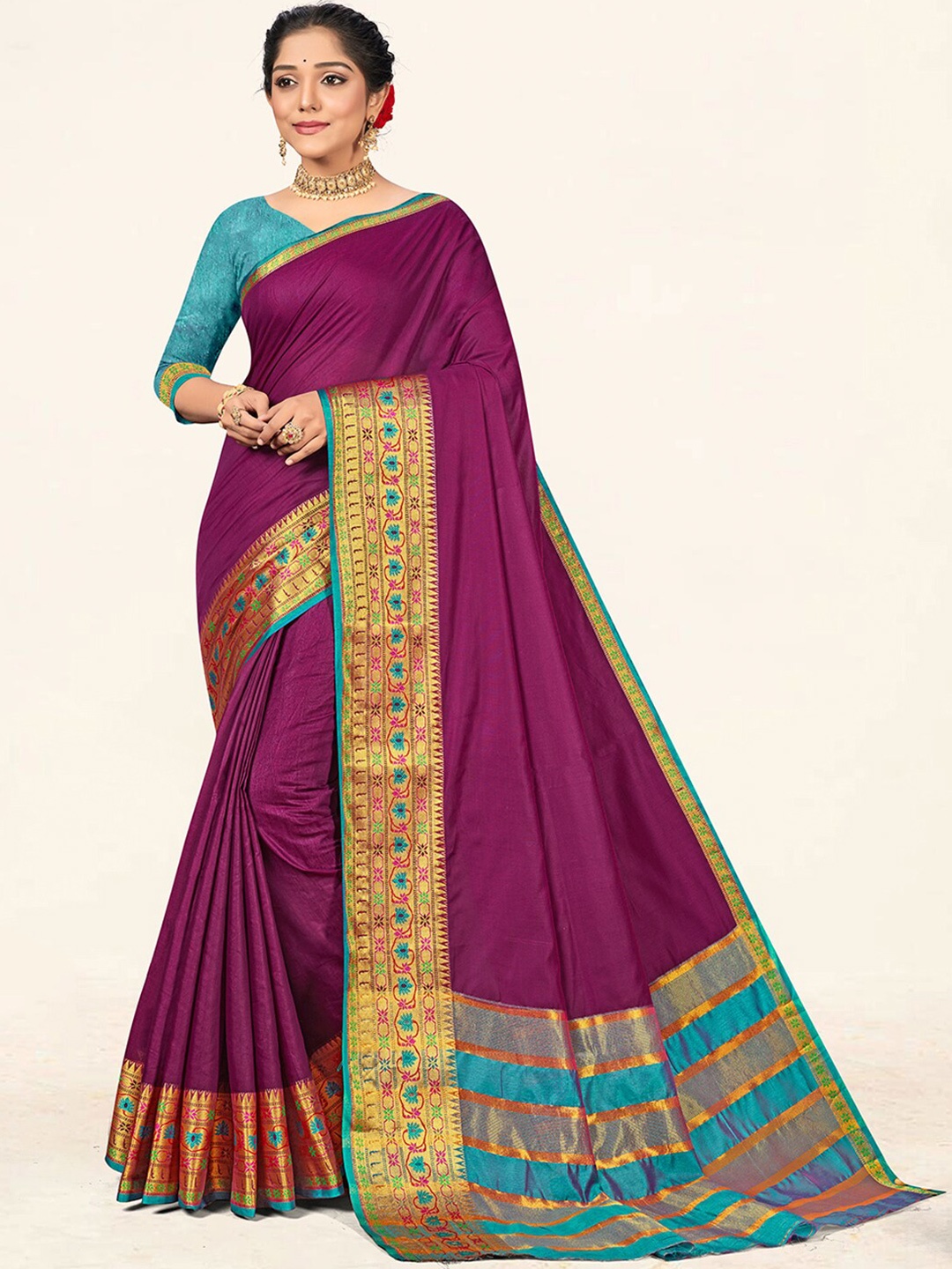 

SANGAM PRINTS Zari Cototn Blend Saree, Purple