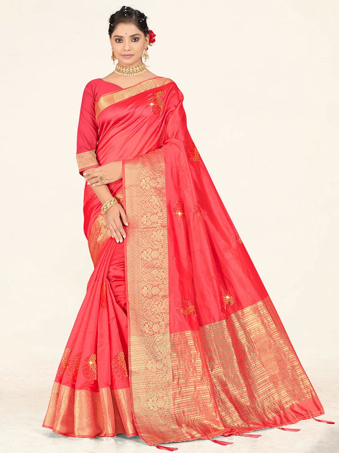 

SANGAM PRINTS Paisley Woven Design Zari Organza Saree, Pink