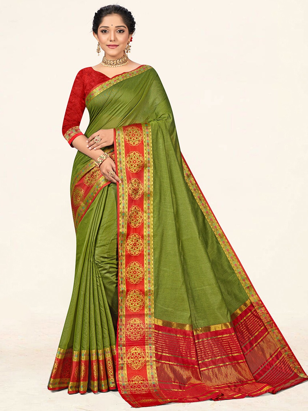

SANGAM PRINTS Zari Cotton Blend Saree, Green