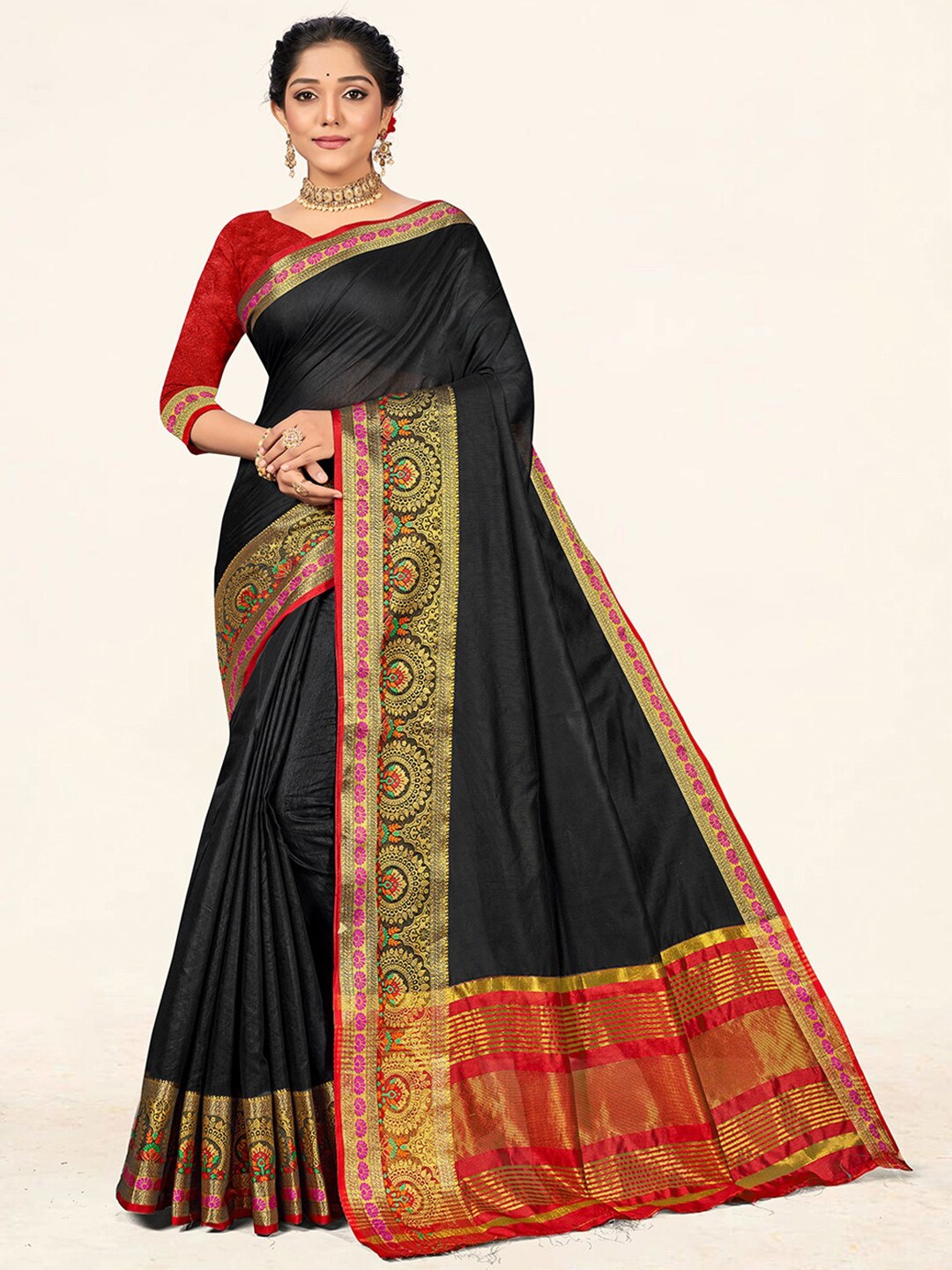 

SANGAM PRINTS Zari Cotton Blend Saree, Black