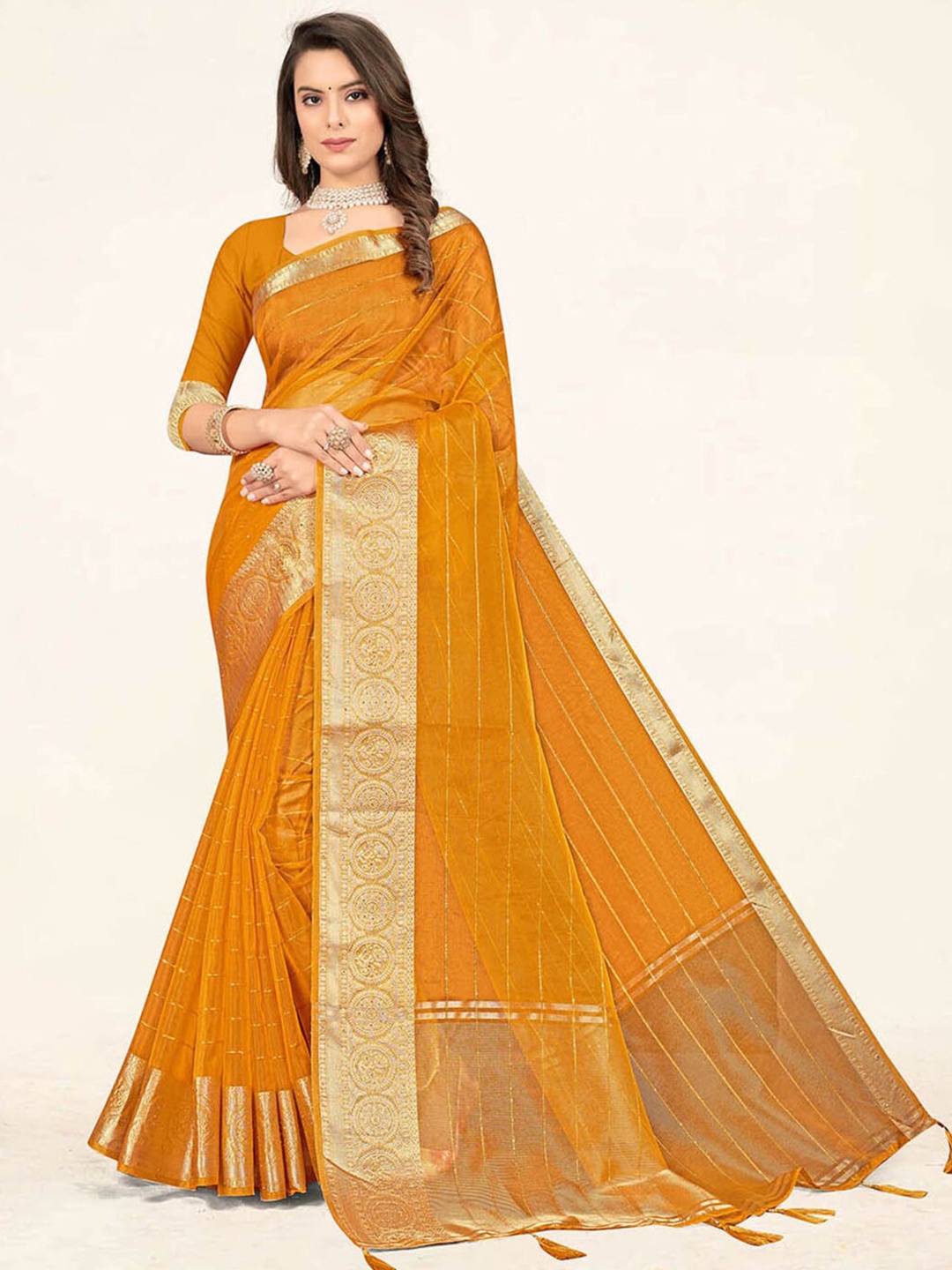 

SANGAM PRINTS Striped Zari Organza Saree, Mustard