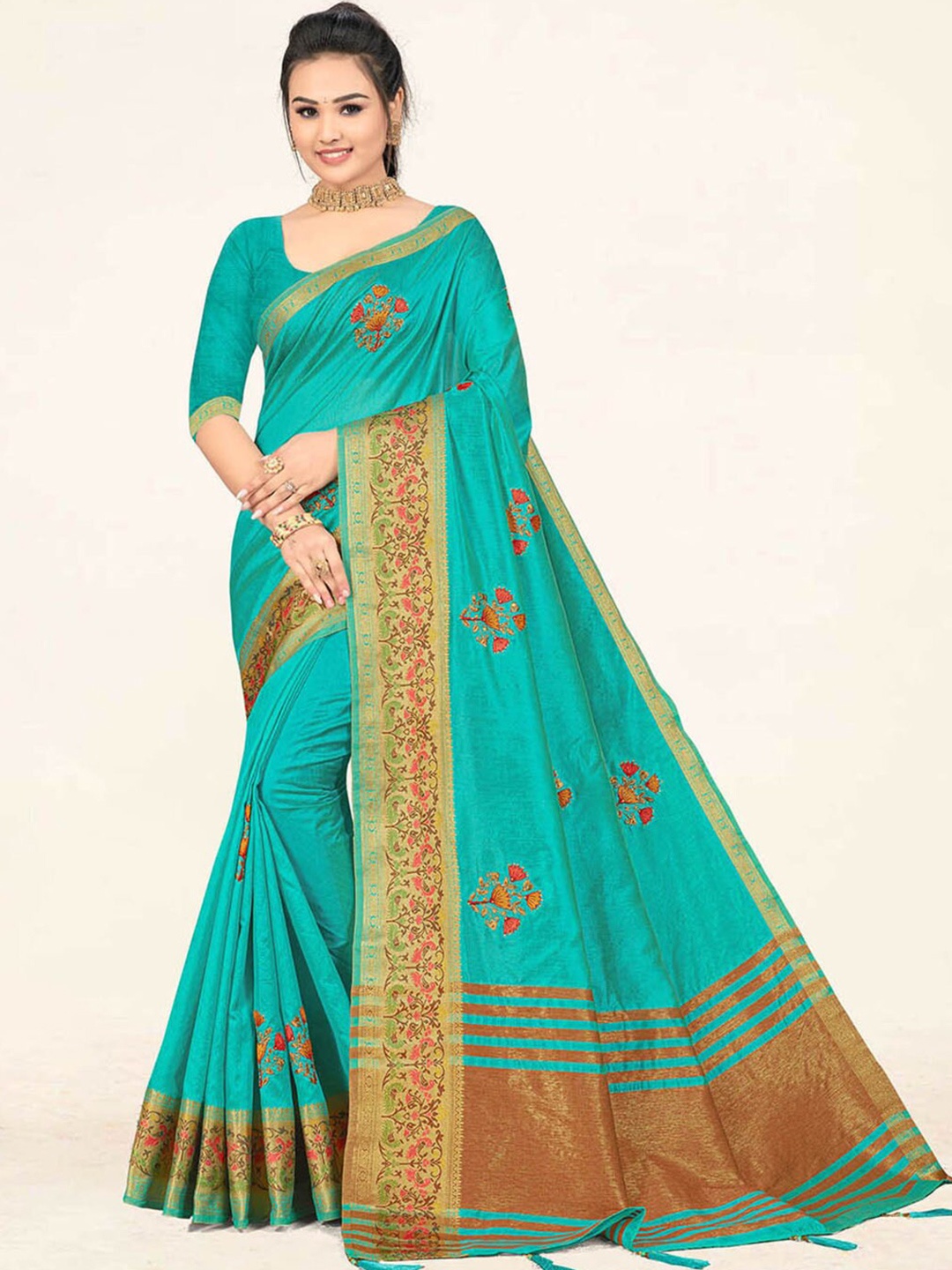 

SANGAM PRINTS Floral Woven Design Zari Saree, Turquoise blue