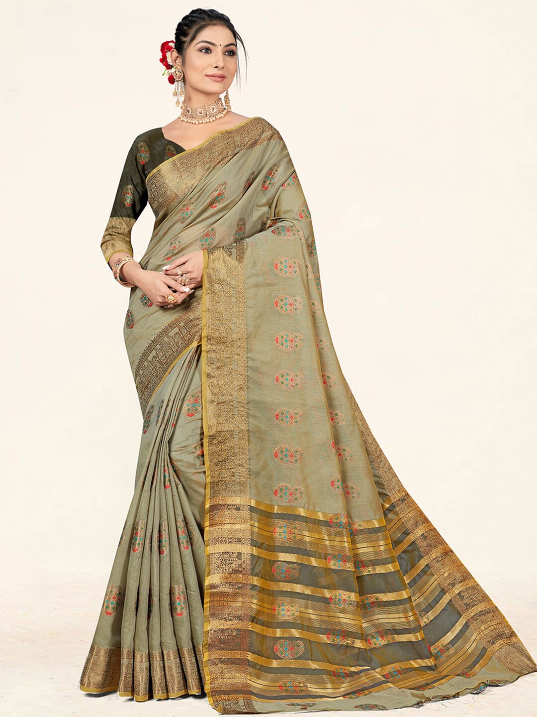 

SANGAM PRINTS Paisley Woven Design Zari Saree, Grey