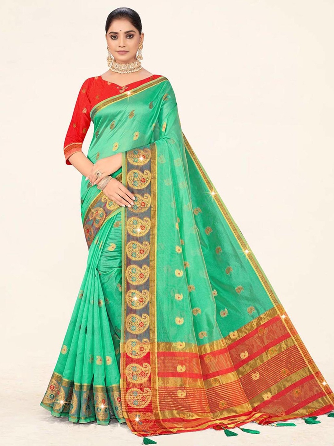 

SANGAM PRINTS Woven Design Zari Organza Saree, Sea green