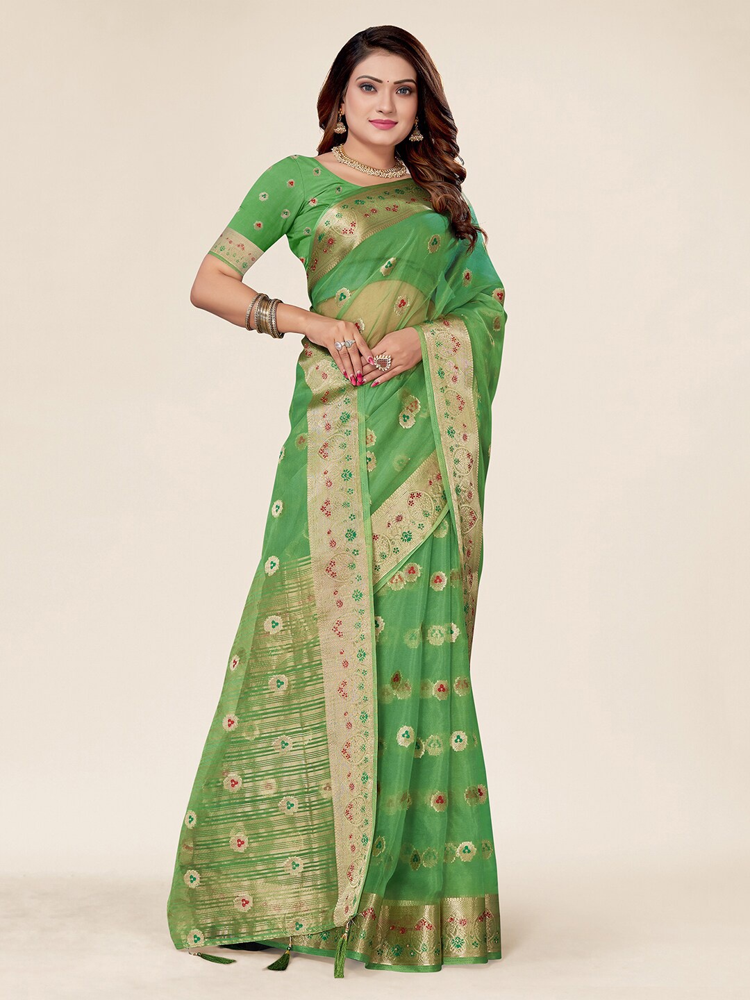 

SANGAM PRINTS Woven Design Zari Organza Saree, Sea green