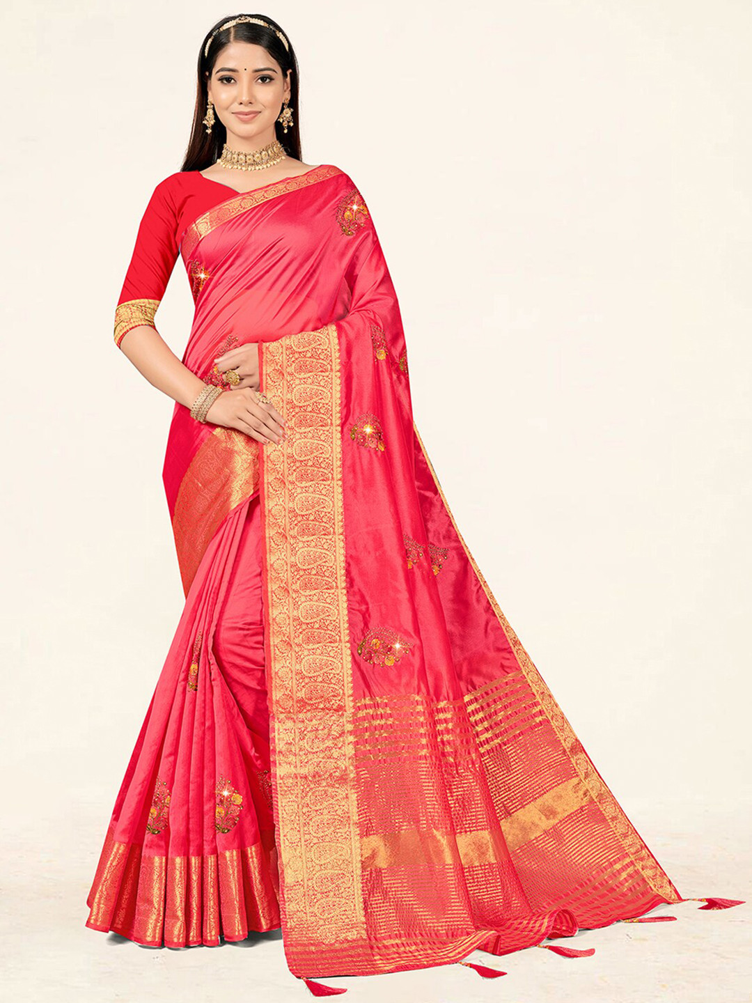 

SANGAM PRINTS Woven Design Zari Organza Saree, Pink