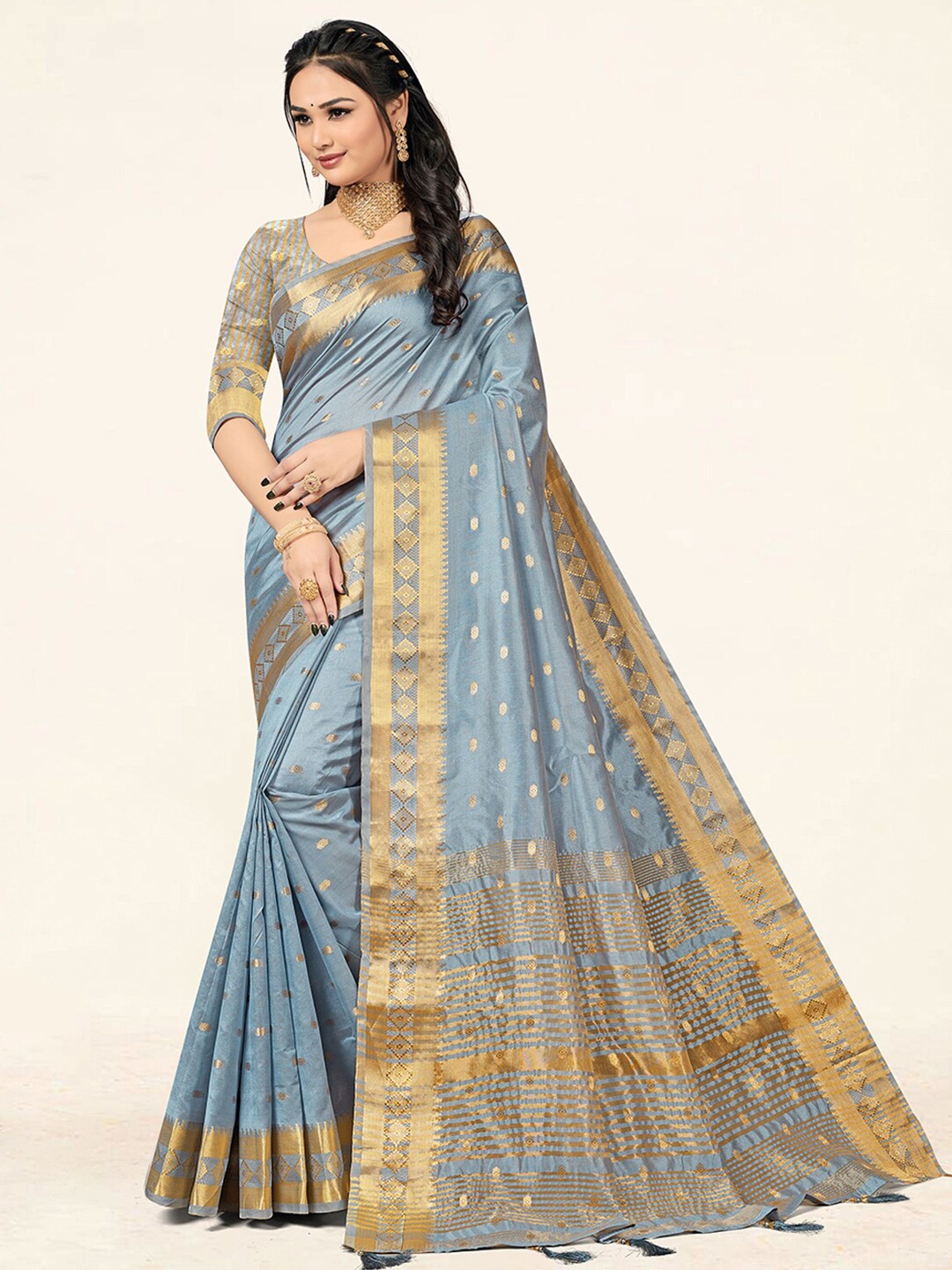 

SANGAM PRINTS Woven Design Zari Art Silk Saree, Grey