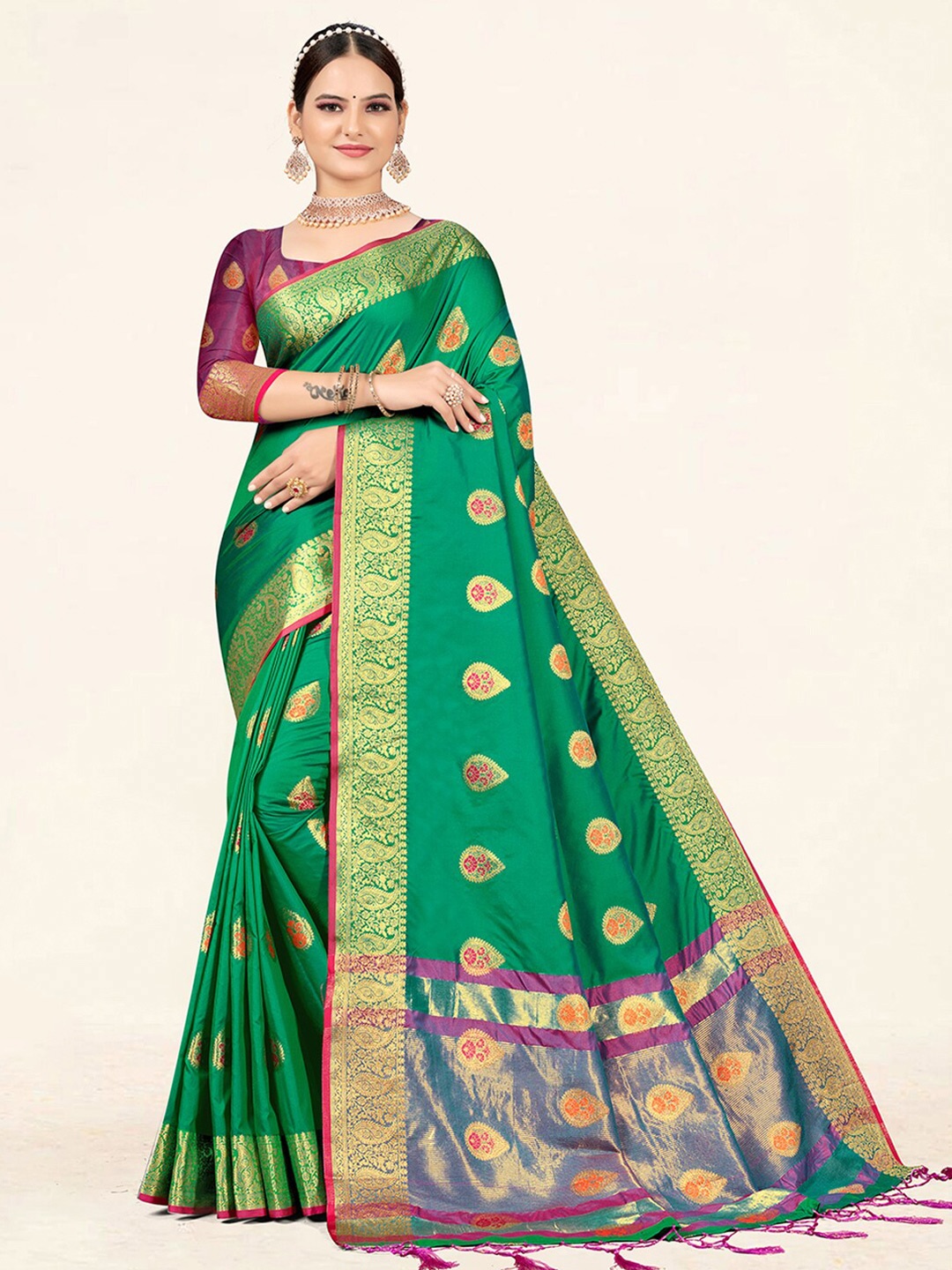 

SANGAM PRINTS Woven Design Zari Silk Blend Saree, Sea green