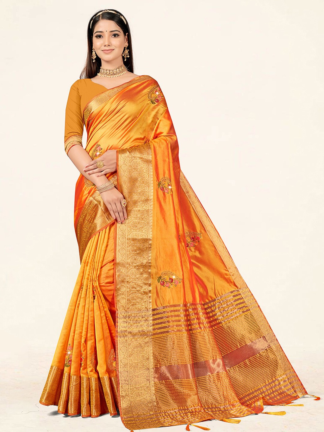 

SANGAM PRINTS Woven Design Zari Organza Saree, Yellow